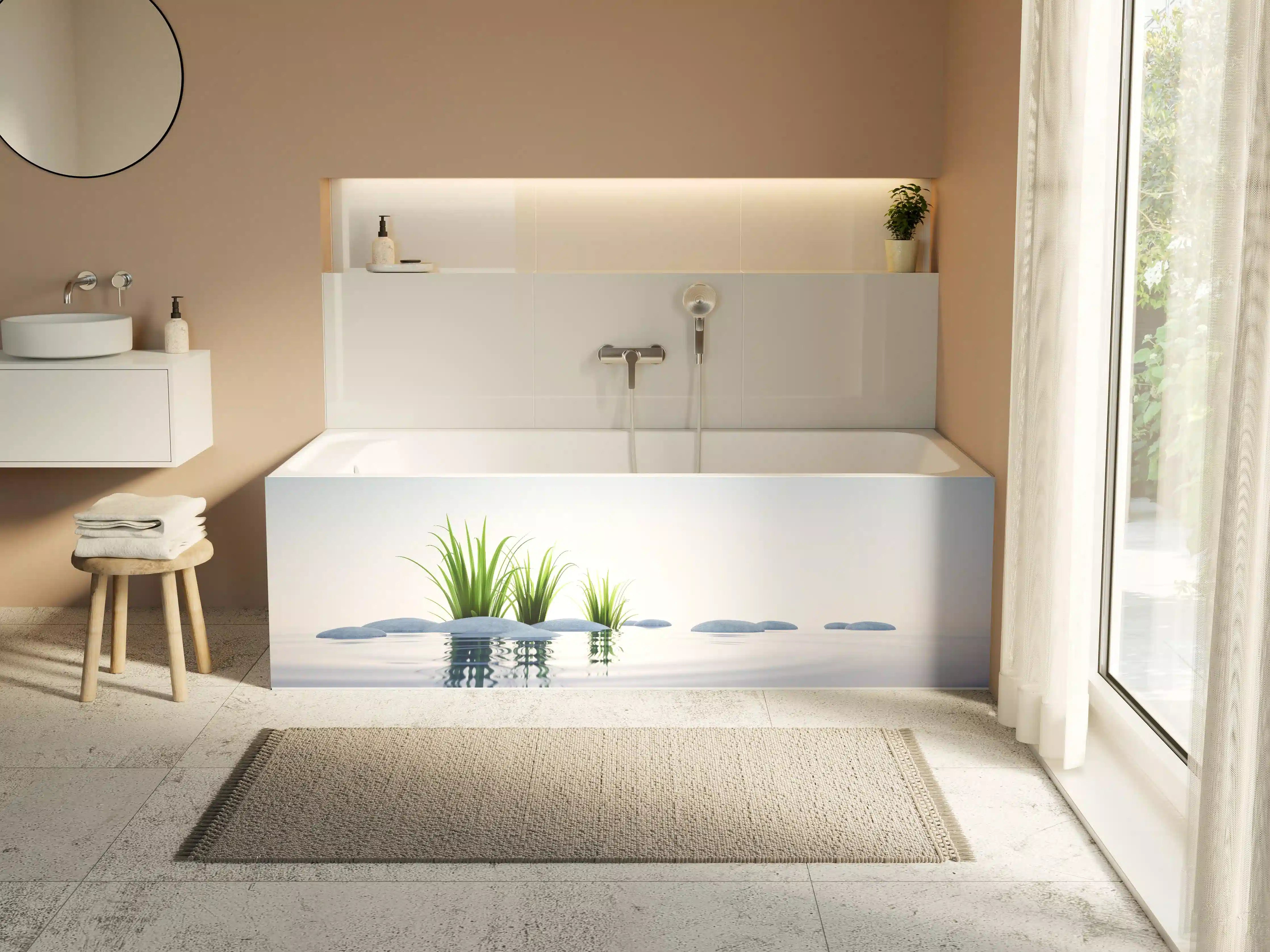 Badewannen-Rückwand - Steine und Gras im See Querformat