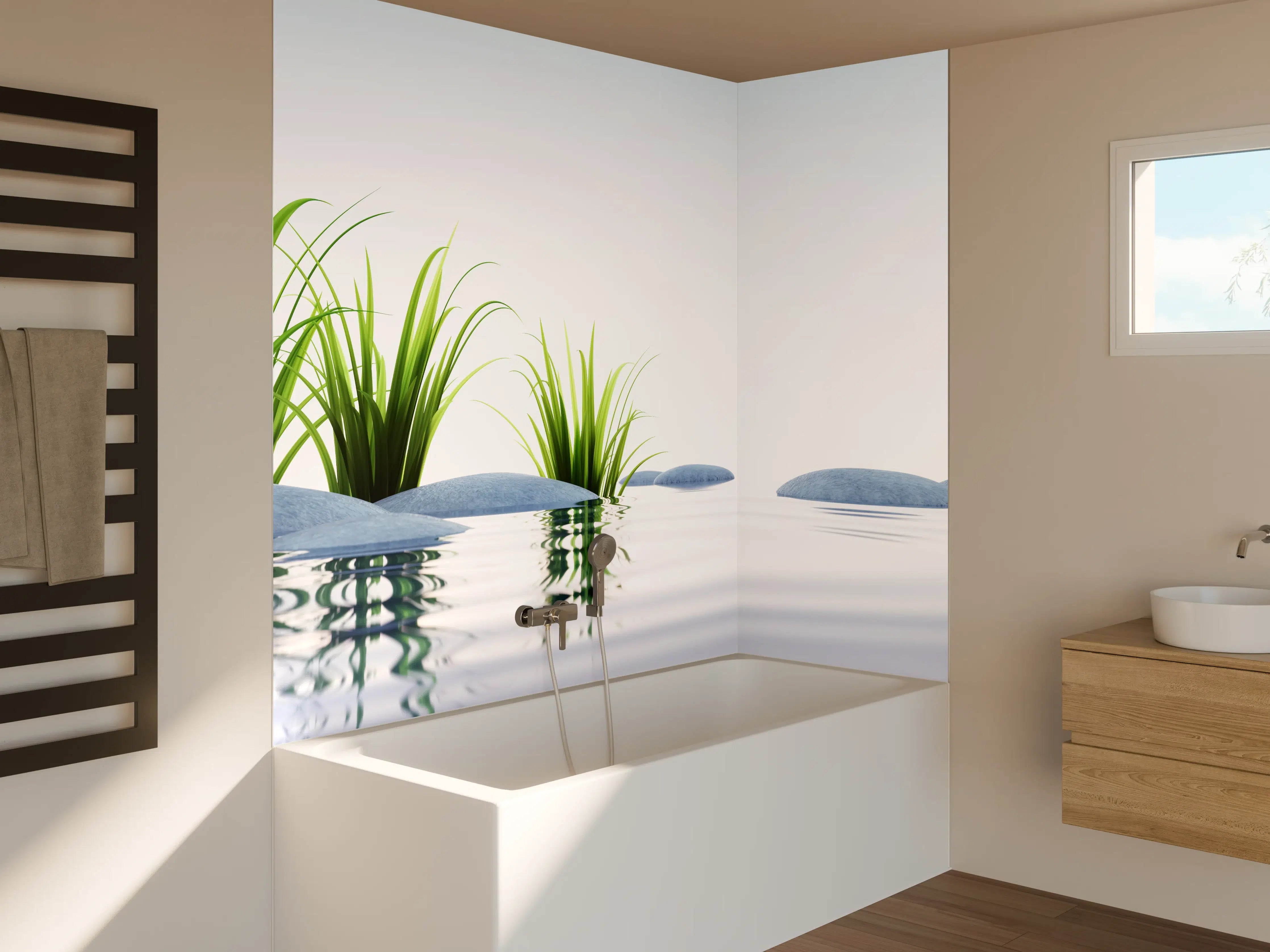 Badewannen-Rückwand - Steine und Gras im See Querformat