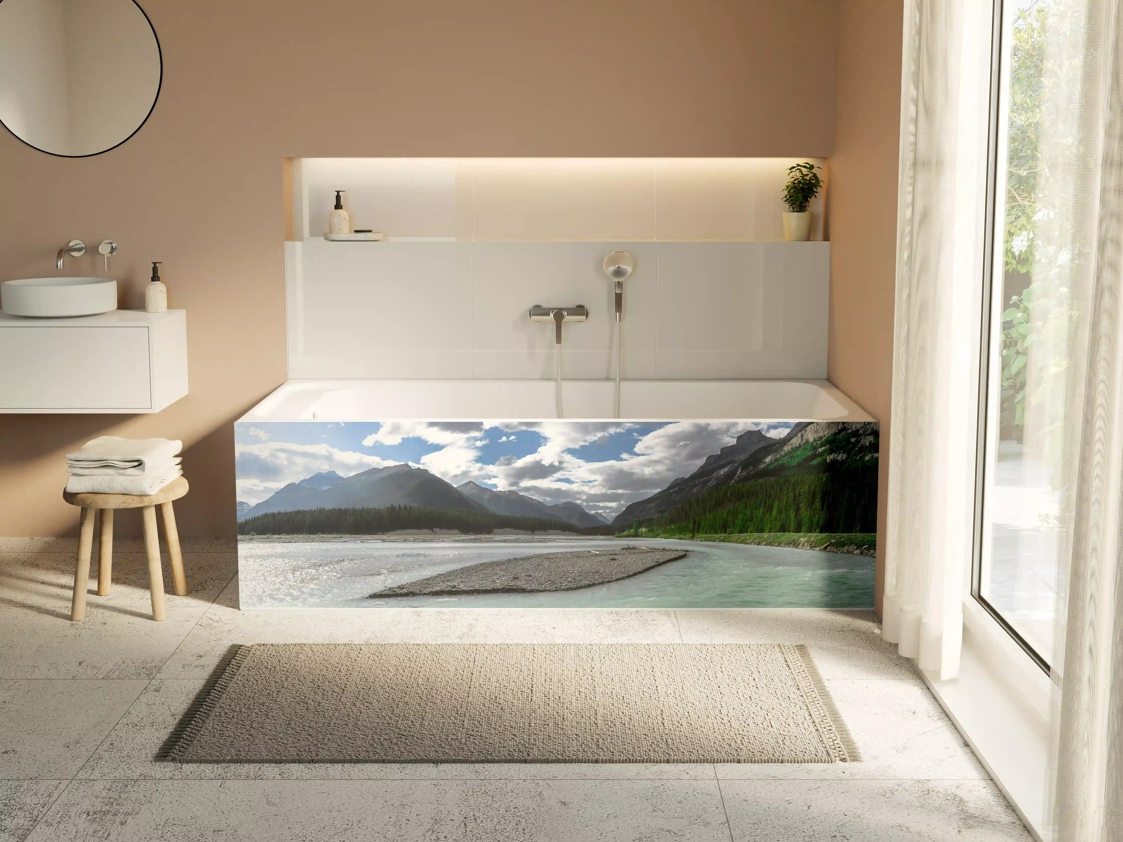 Badewannen-Rückwand - Steinlandschaft auf dem Wasser in Banff