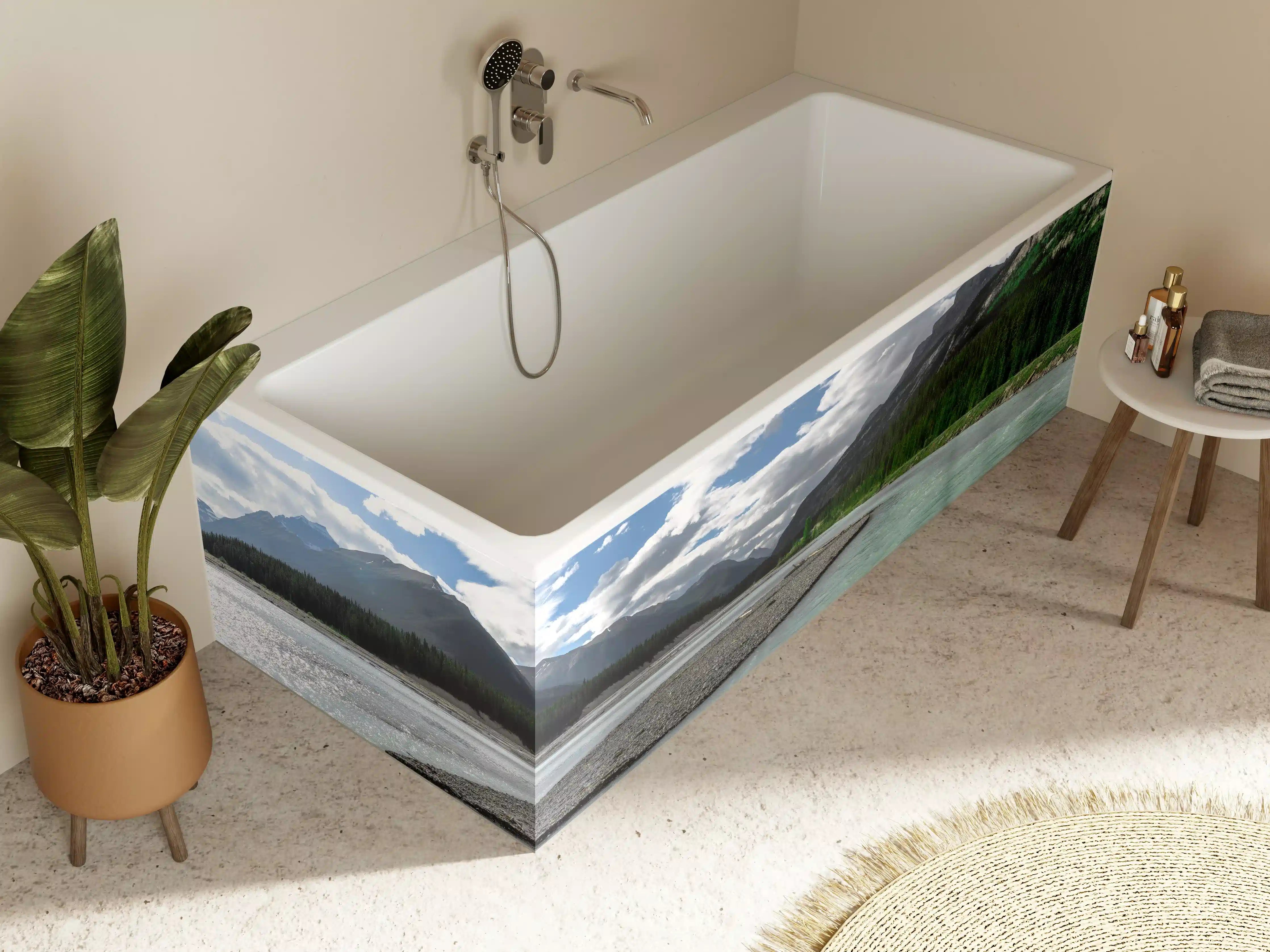Badewannen-Rückwand - Steinlandschaft auf dem Wasser in Banff