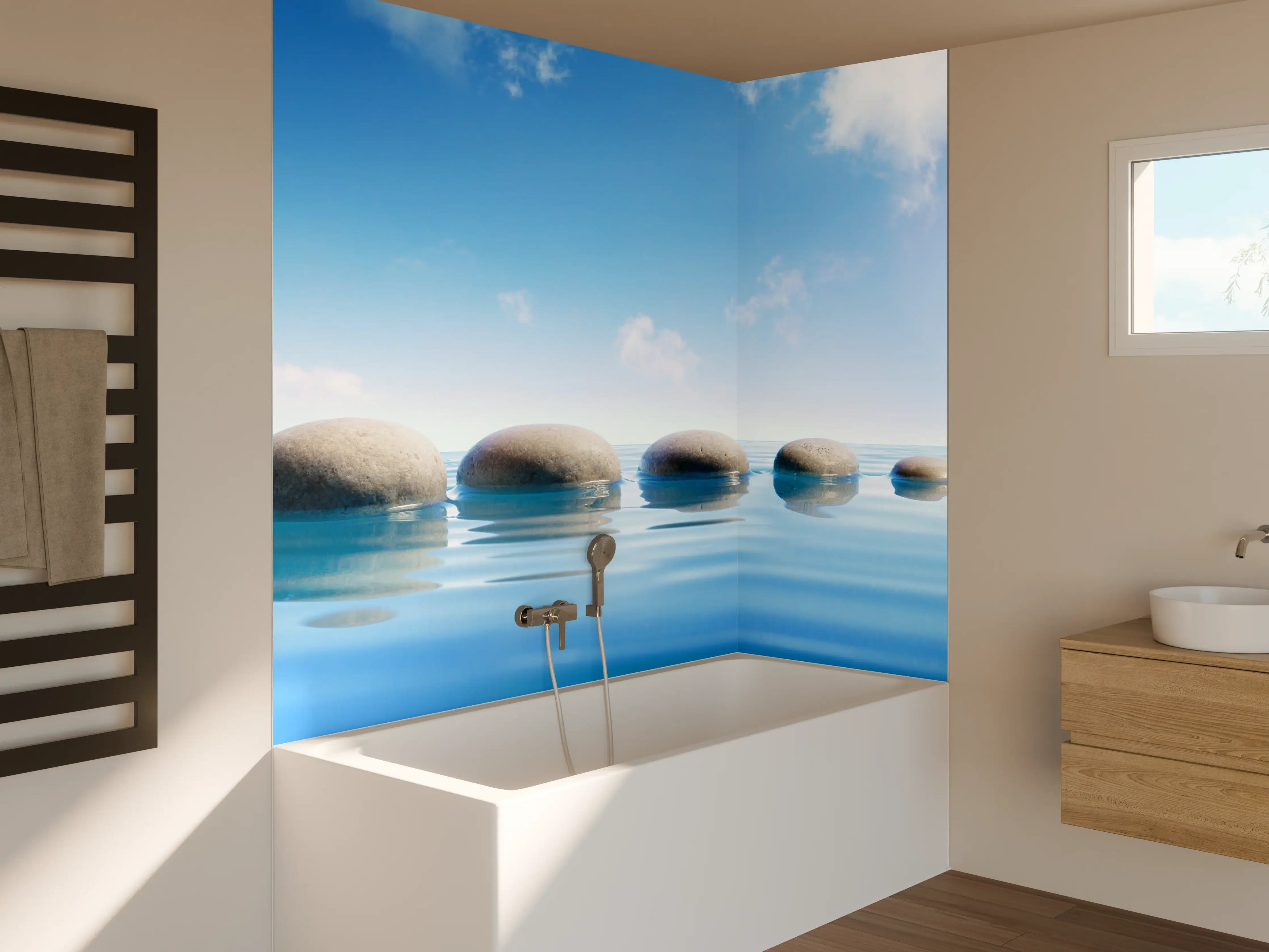 Badewannen-Rückwand - Steinreihe auf Wasser