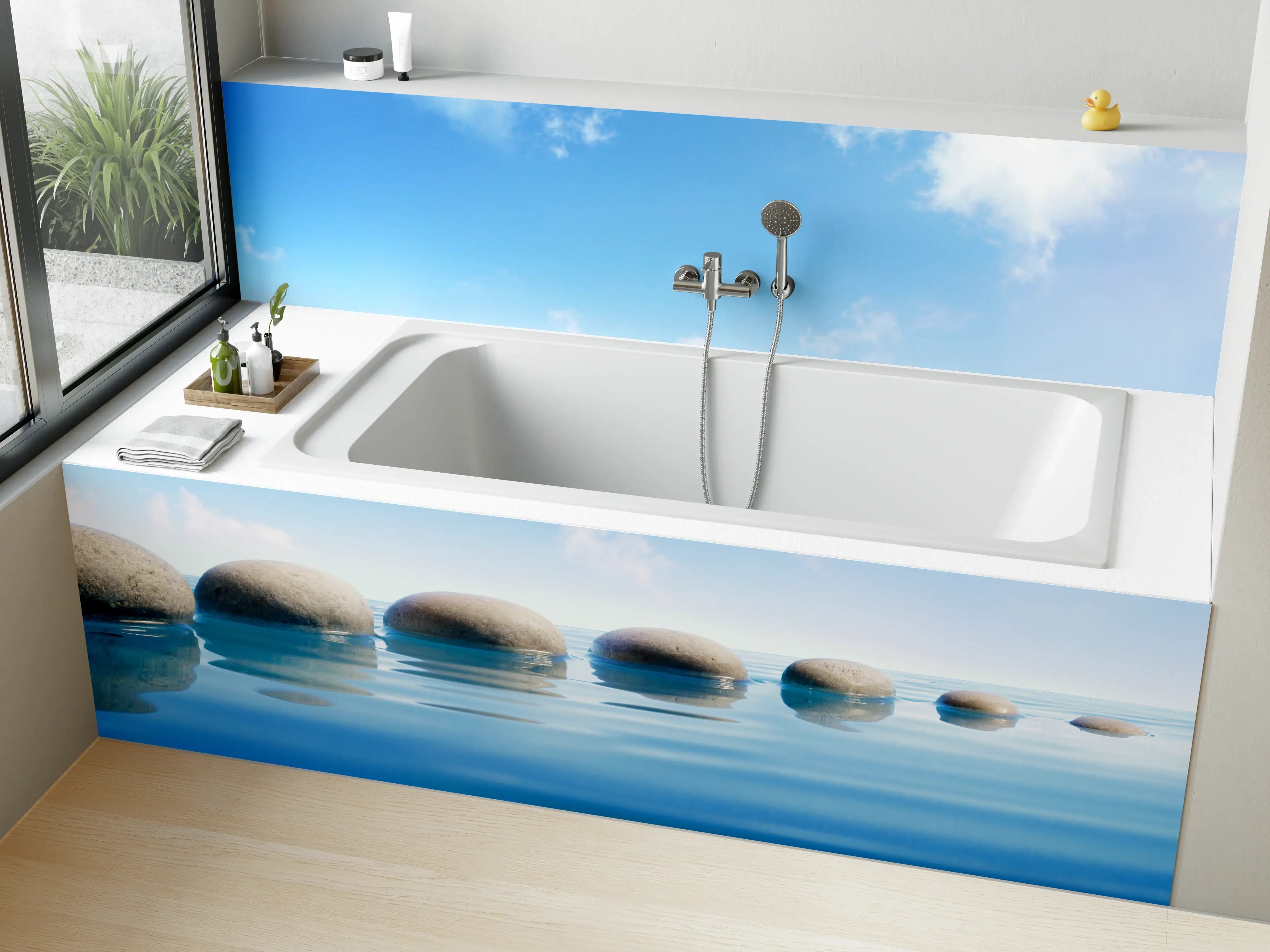 Badewannen-Rückwand - Steinreihe auf Wasser