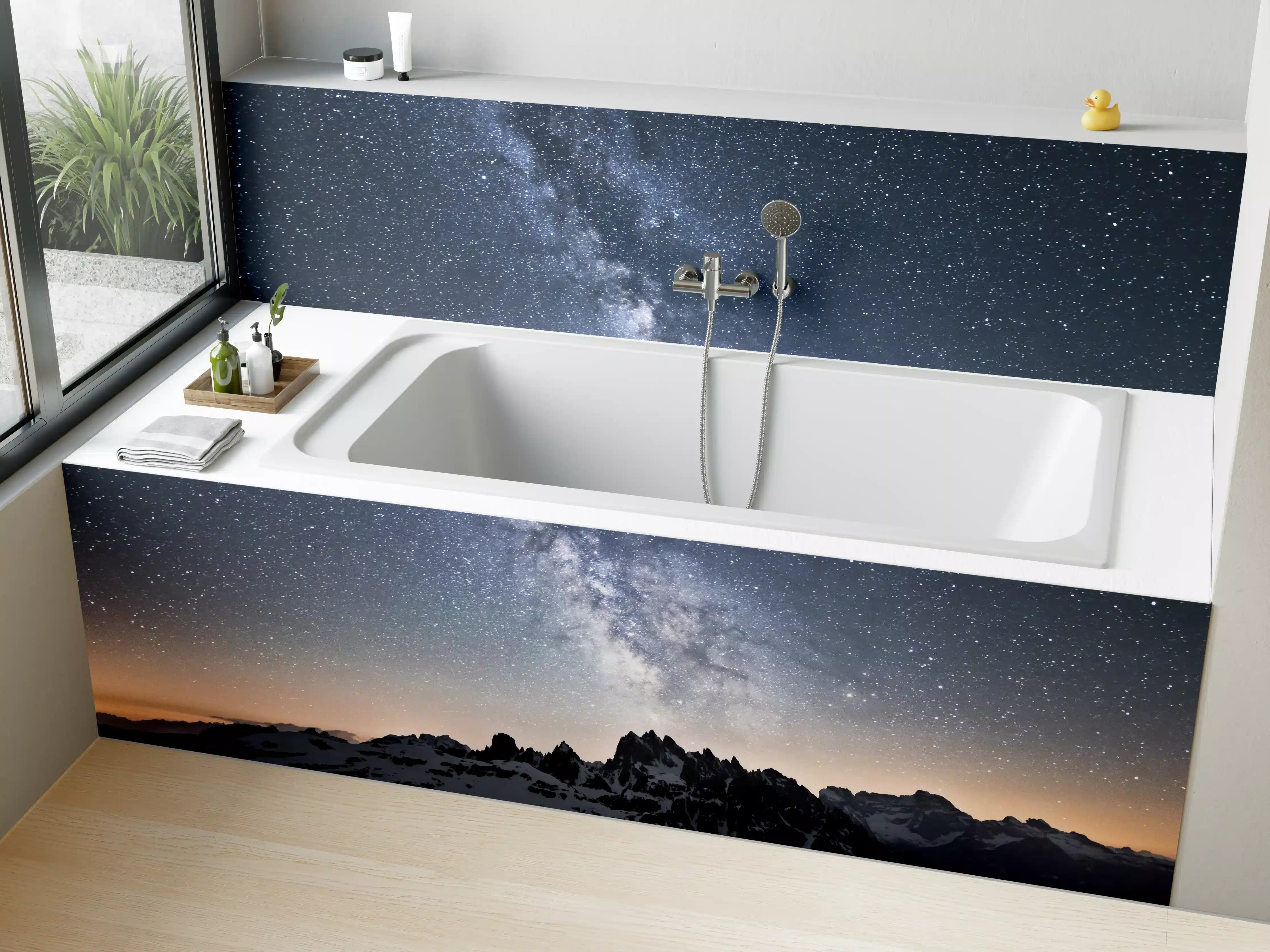 Badewannen-Rückwand - Sterne über Schneebergen