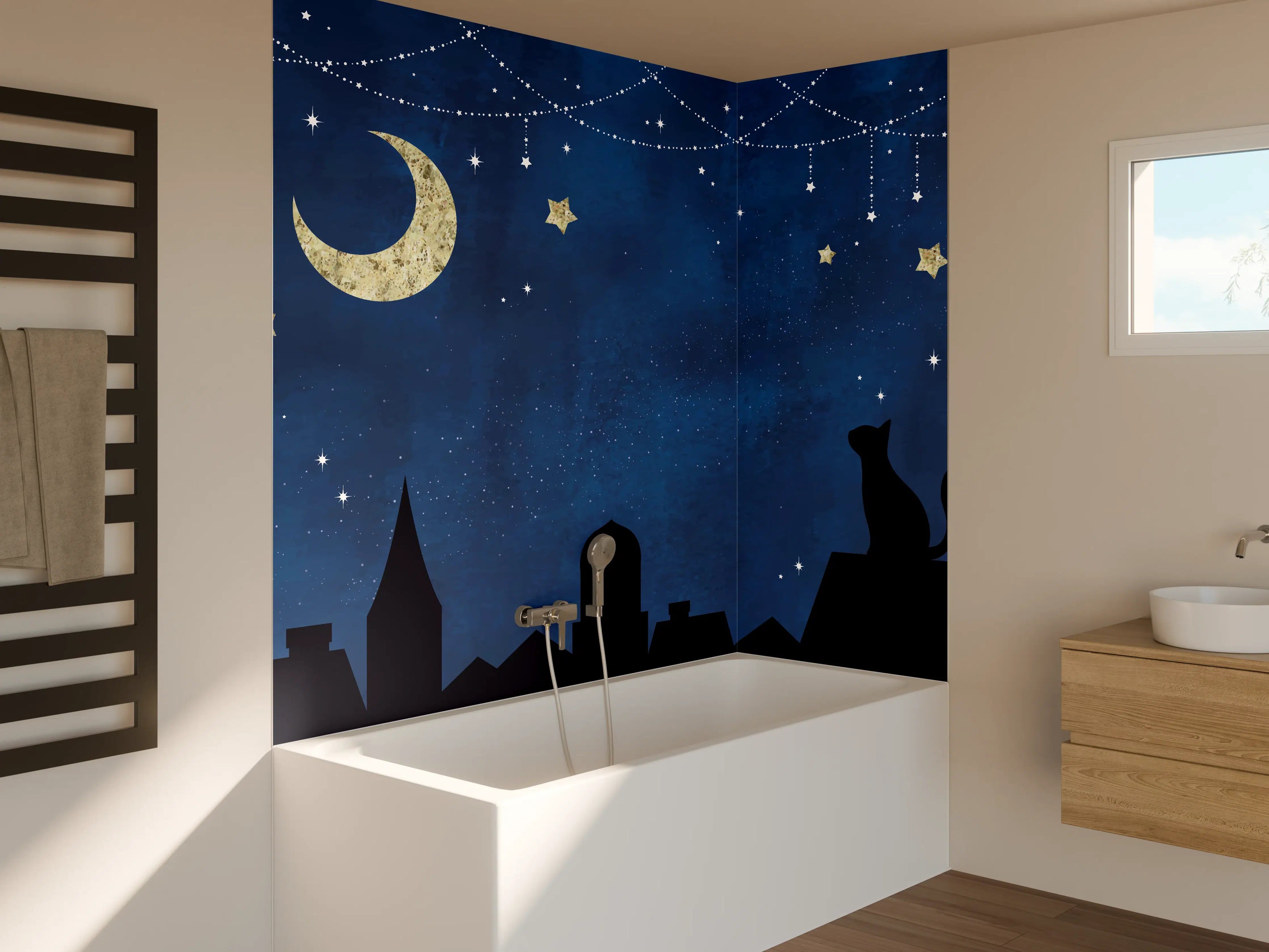 Badewannen-Rückwand - Sternenhimmel Katzensilhouette