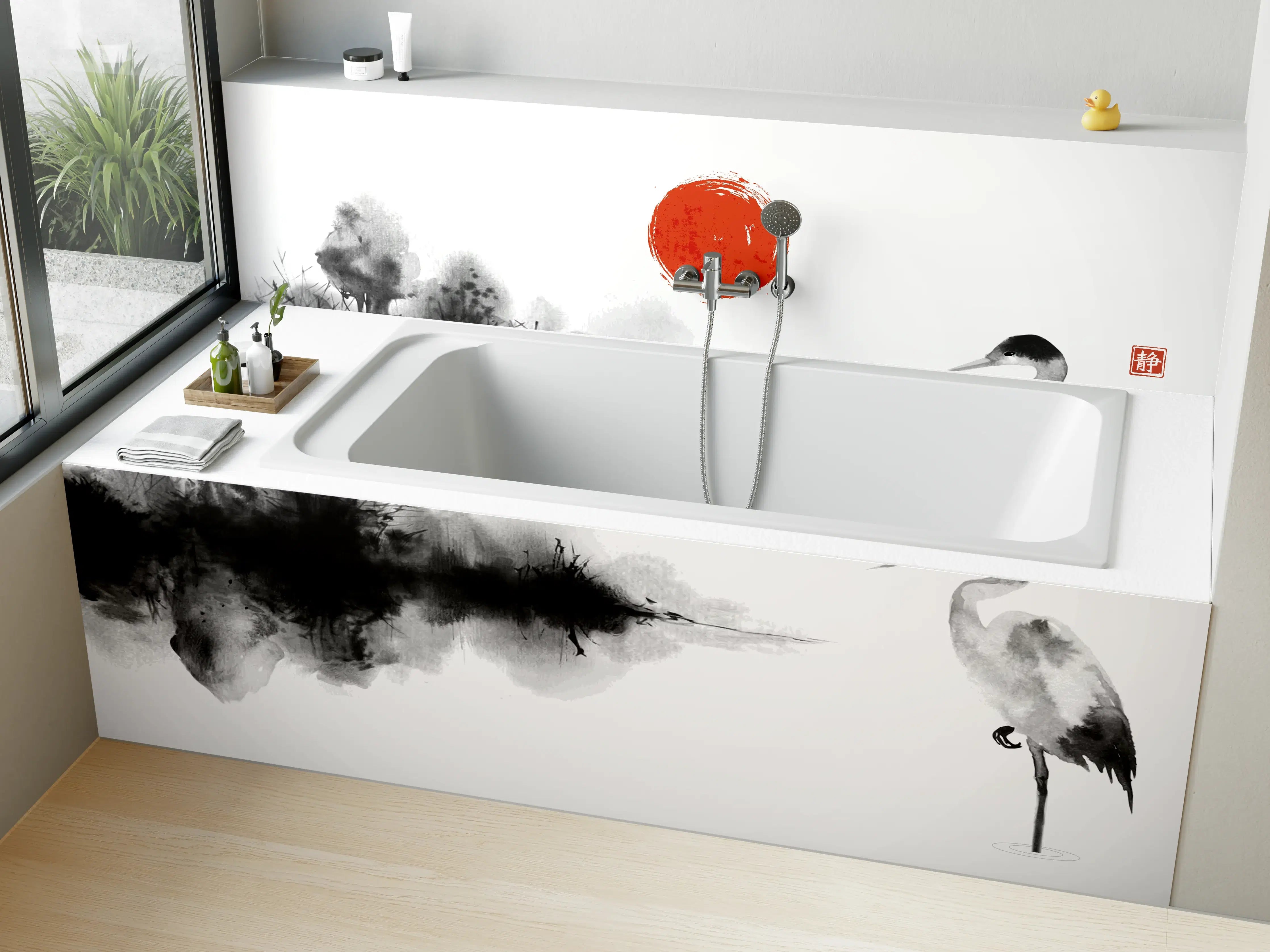 Badewannen-Rückwand - Stille Heron Tintenkunst