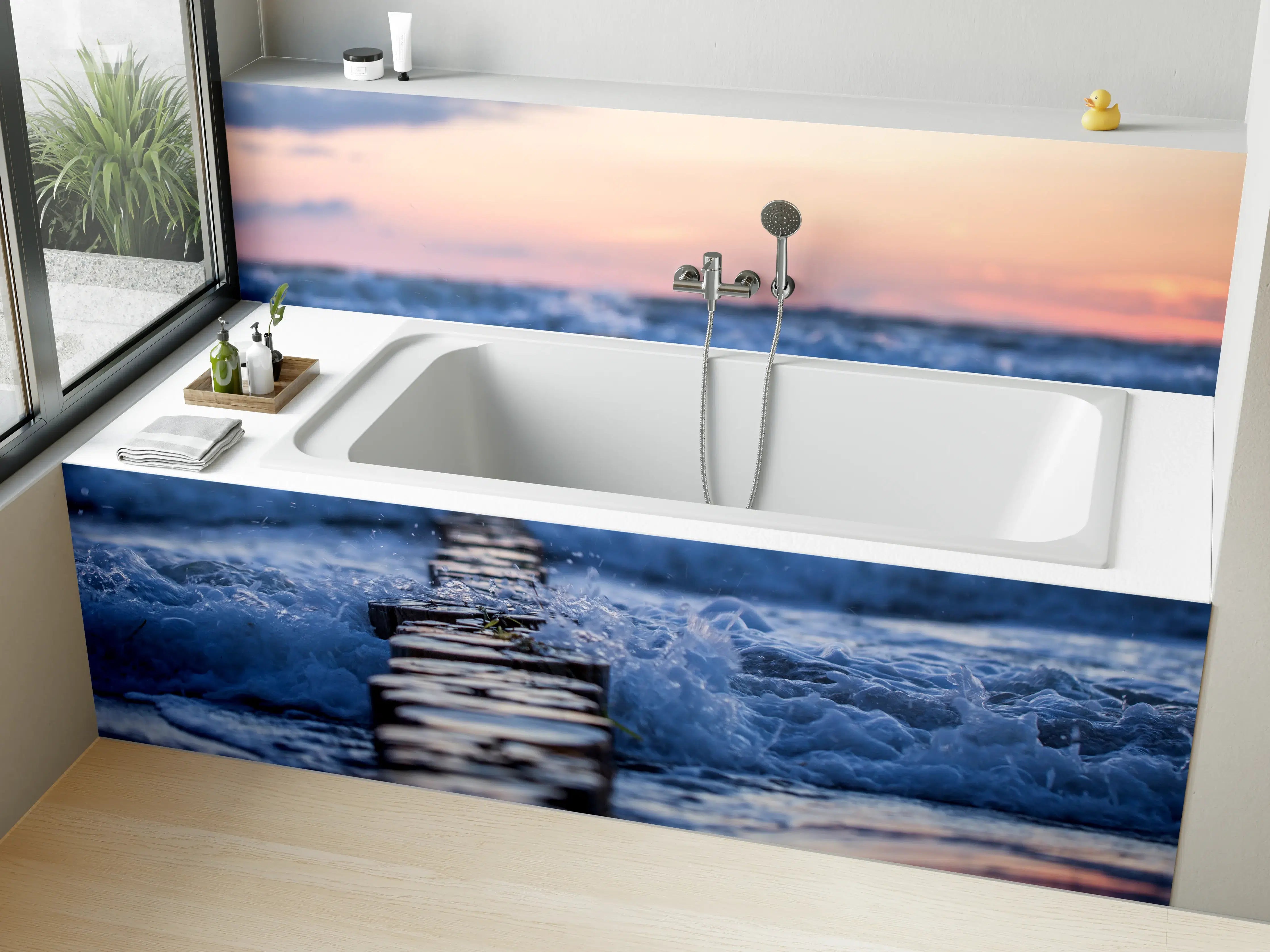 Badewannen-Rückwand - Stimmungsvoller Sonnenuntergang über graublauem Meer
