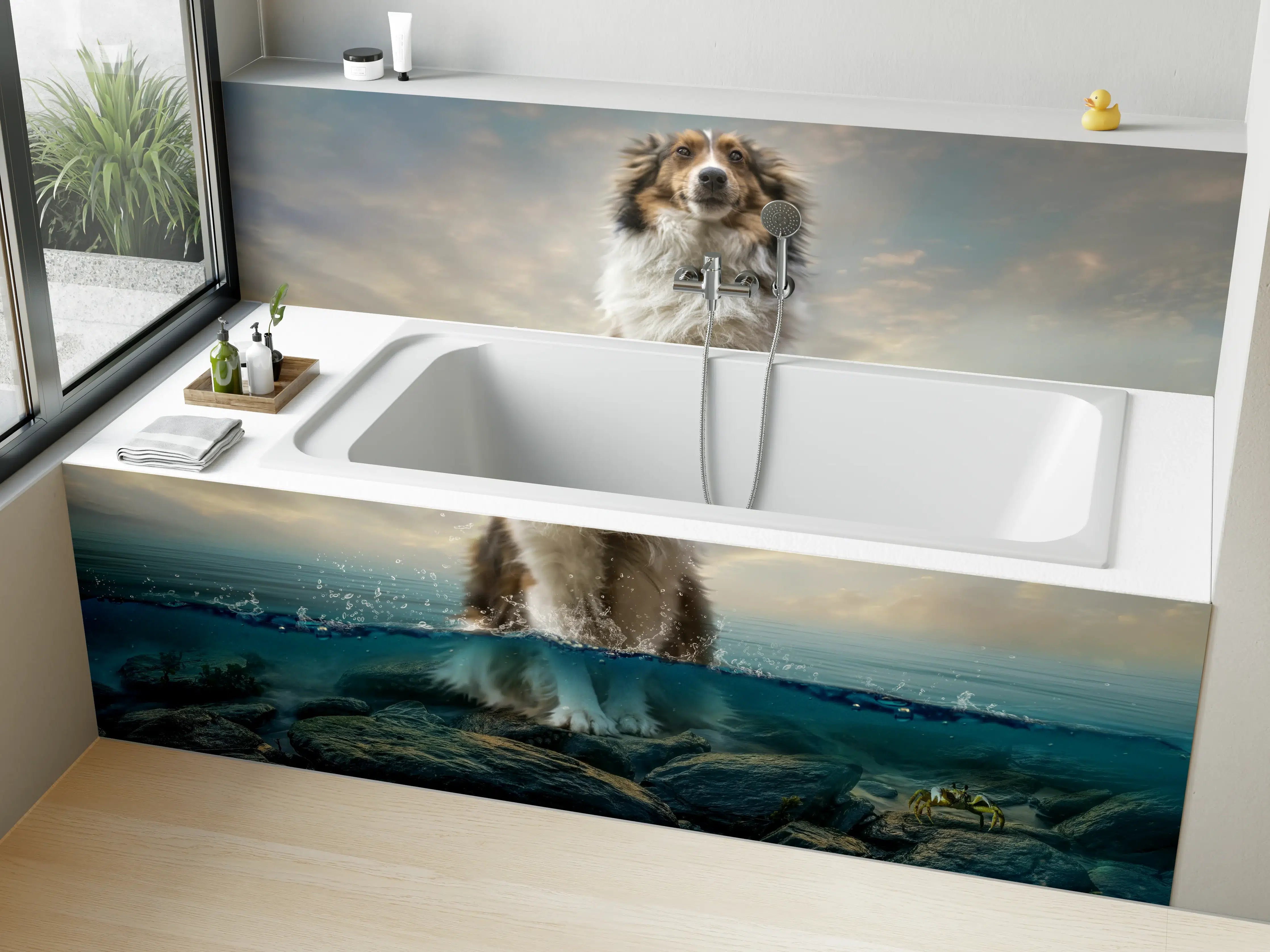 Badewannen-Rückwand - Stolzer Shetland-Schäferhund im Wasser
