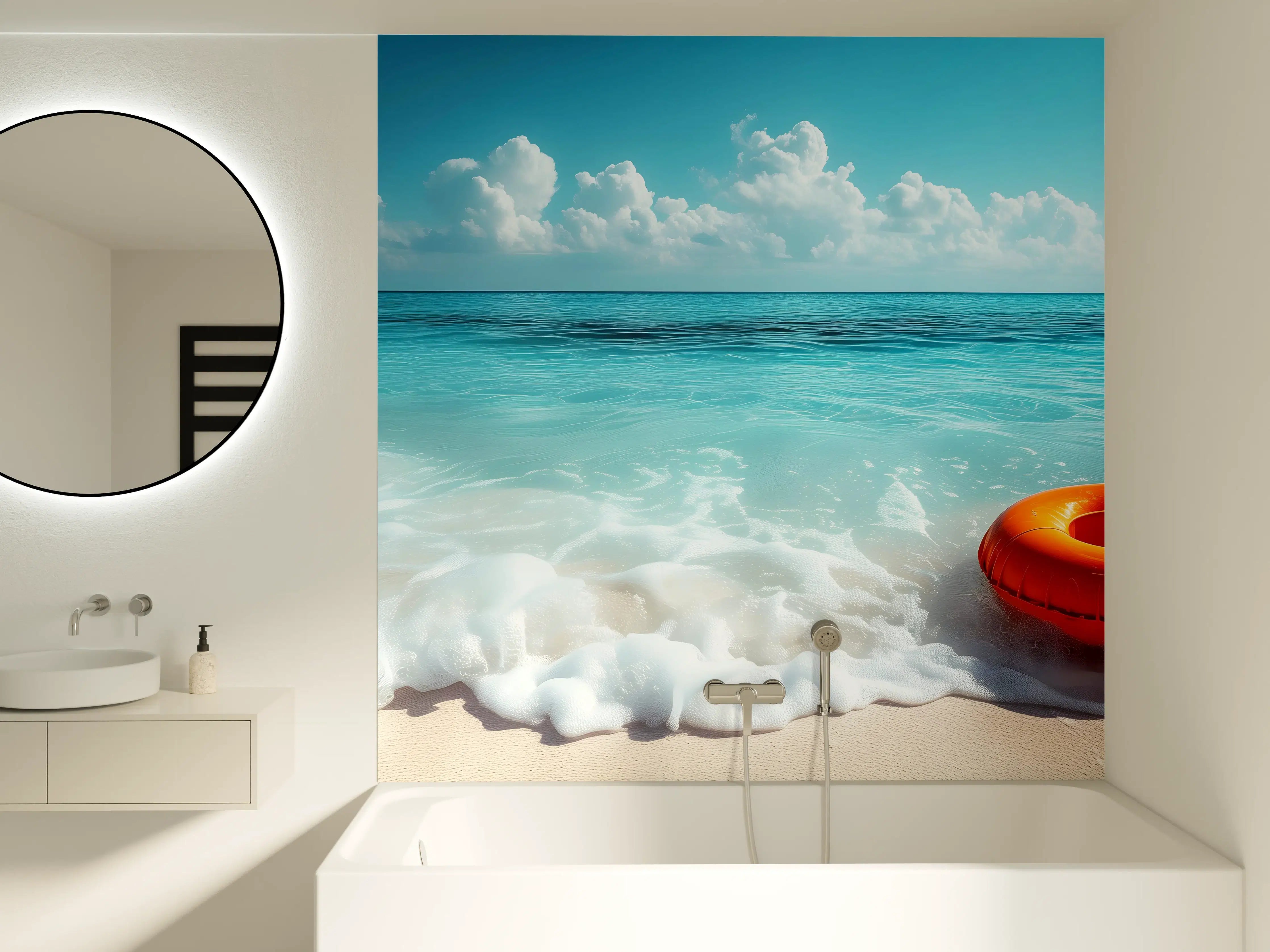 Badewannen-Rückwand - Strand mit orangefarbener Schwimmringe