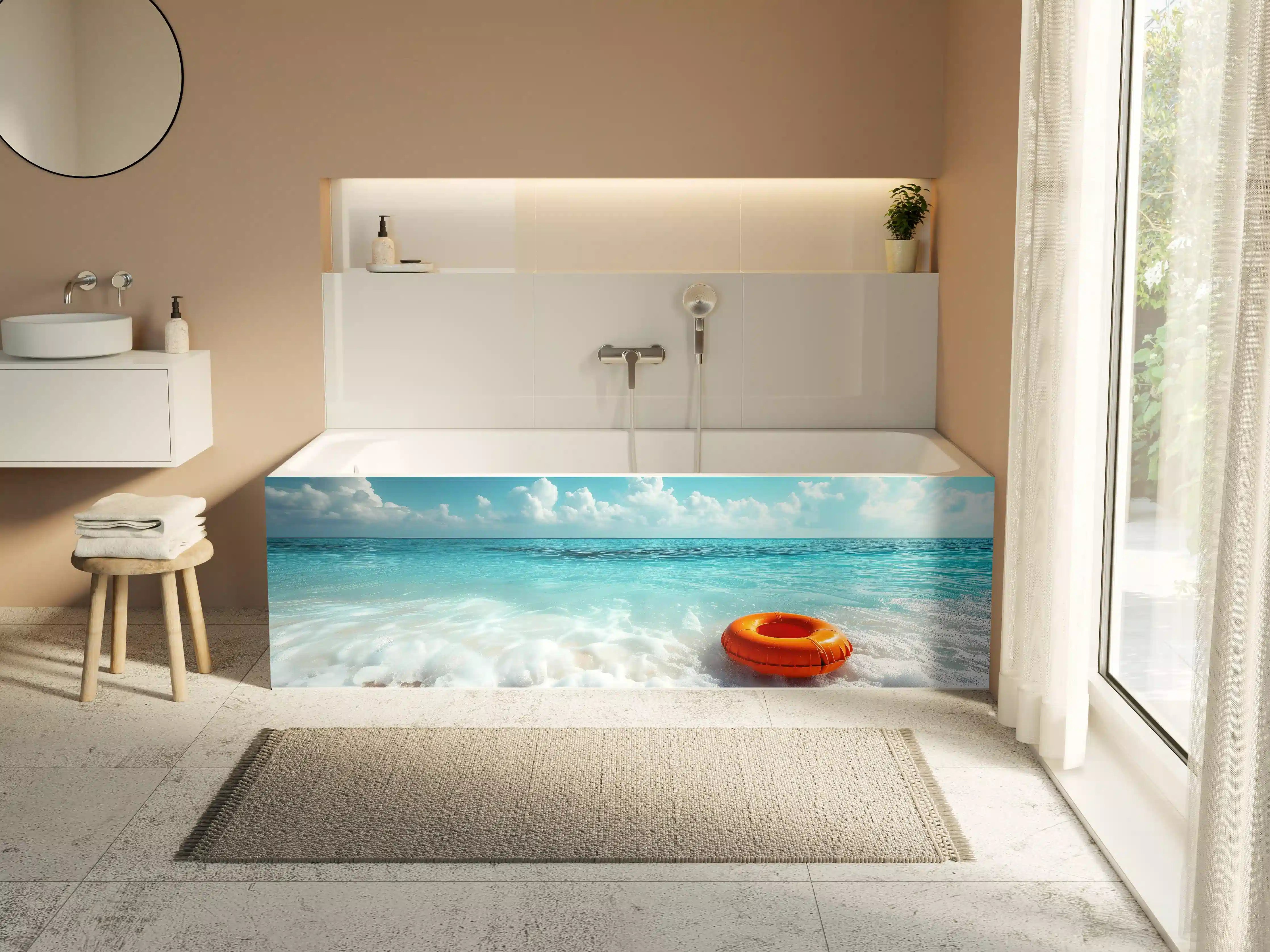 Badewannen-Rückwand - Strand mit orangefarbener Schwimmringe