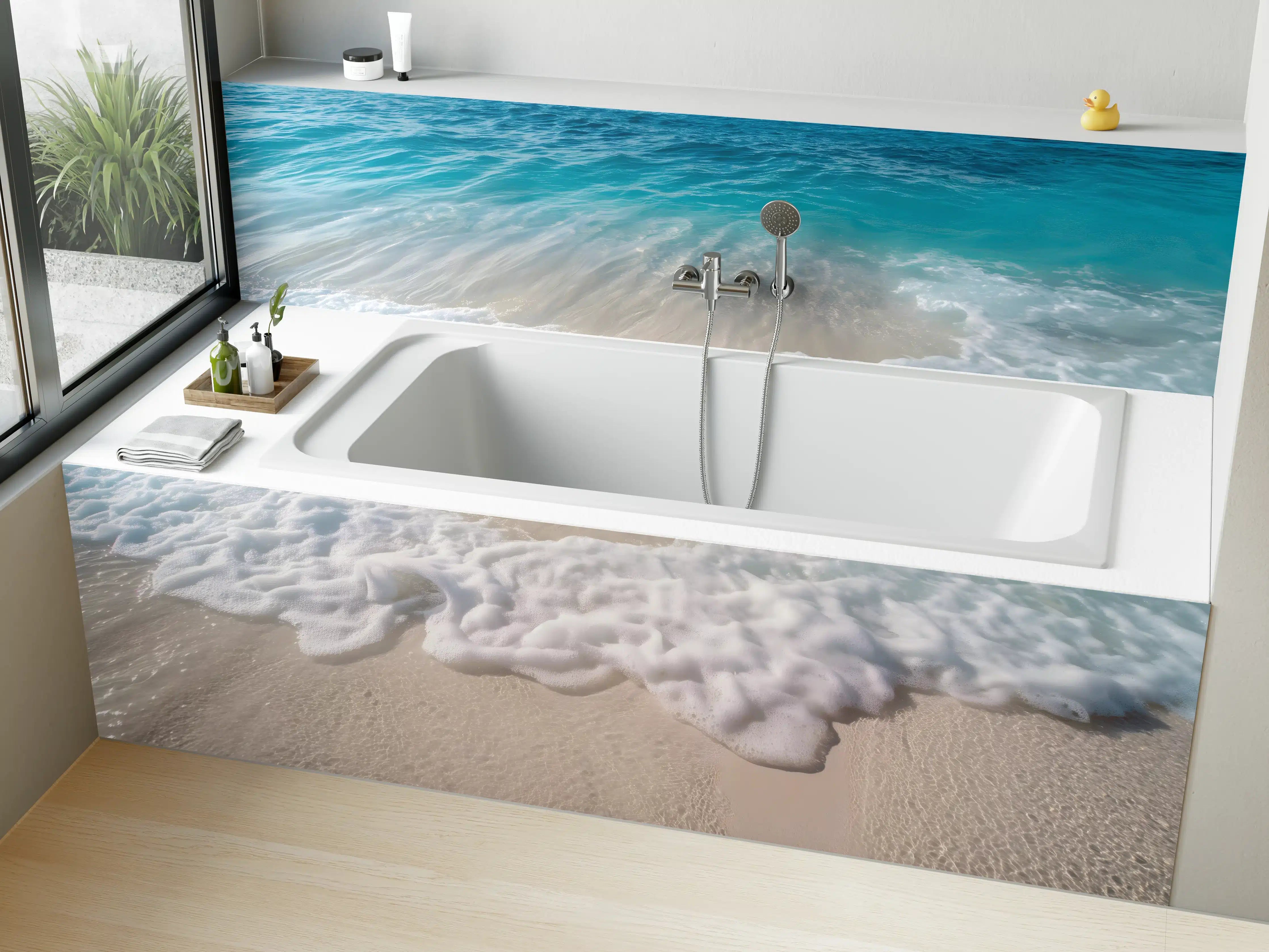Badewannen-Rückwand - Strand mit sanften Wellen und Schaum