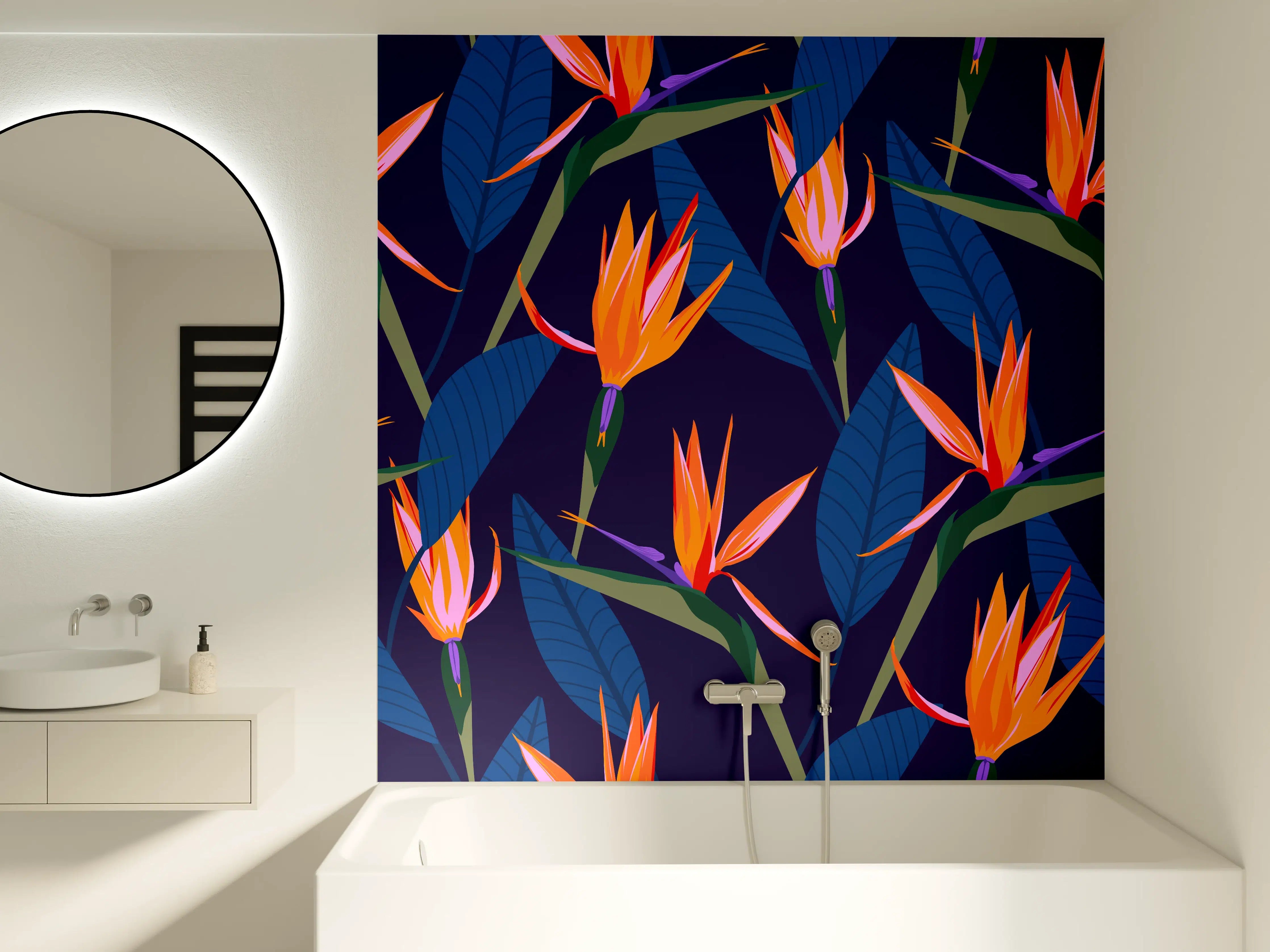 Badewannen-Rückwand - Strelitzia Nacht – Tropische Blumen