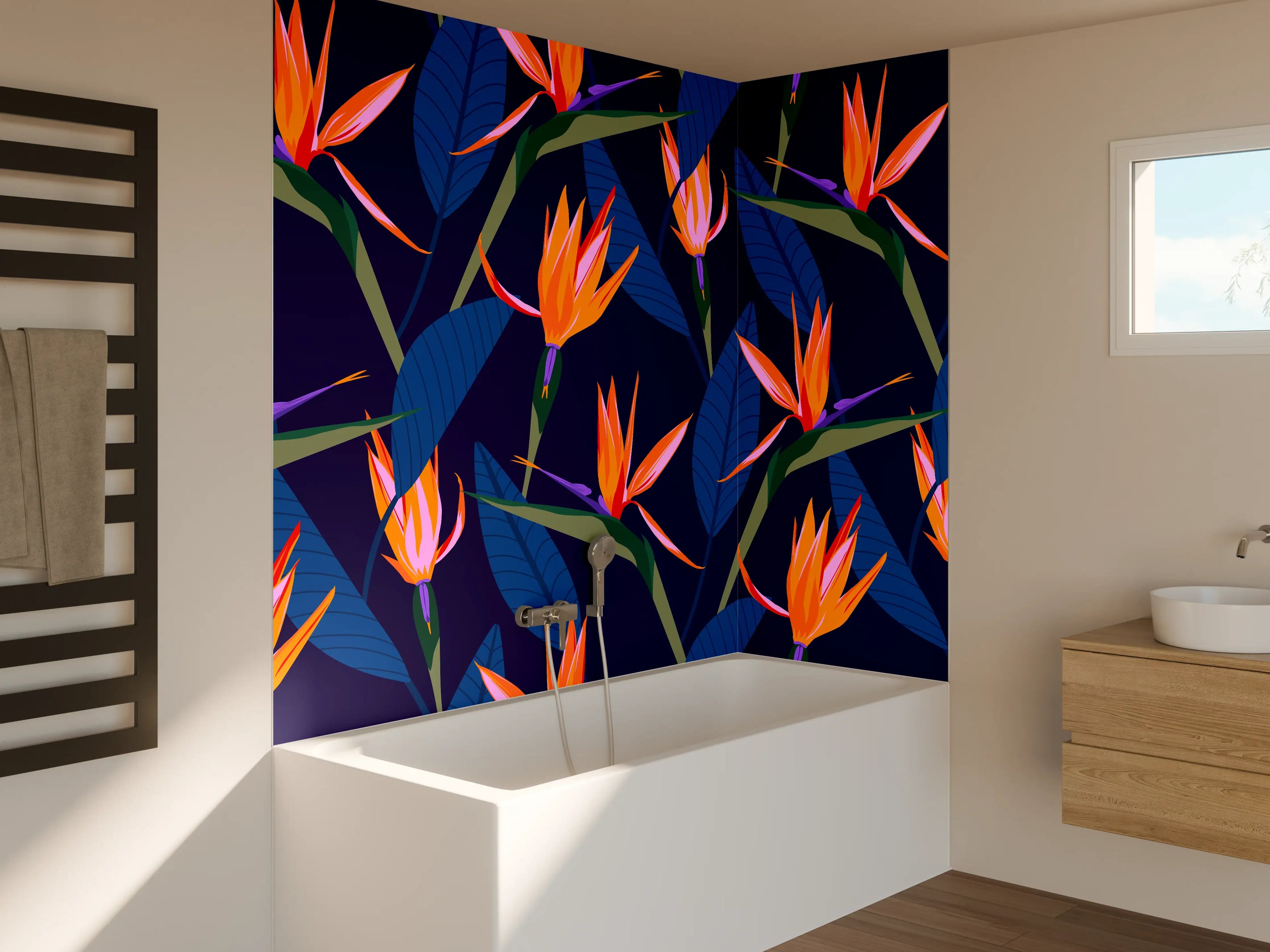 Badewannen-Rückwand - Strelitzia Nacht – Tropische Blumen
