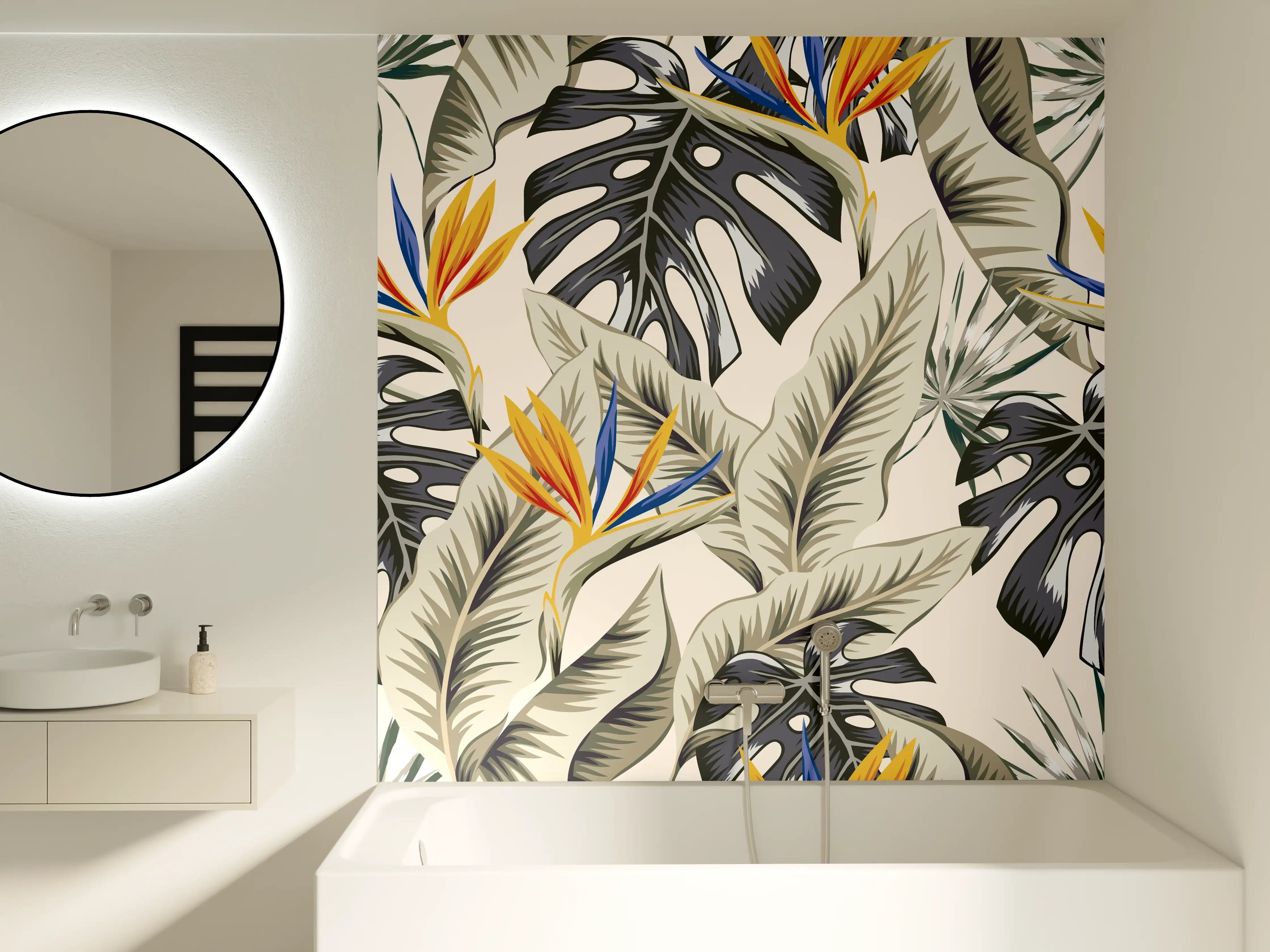 Badewannen-Rückwand - Strelitzia Tropenblätter Beige-Orange