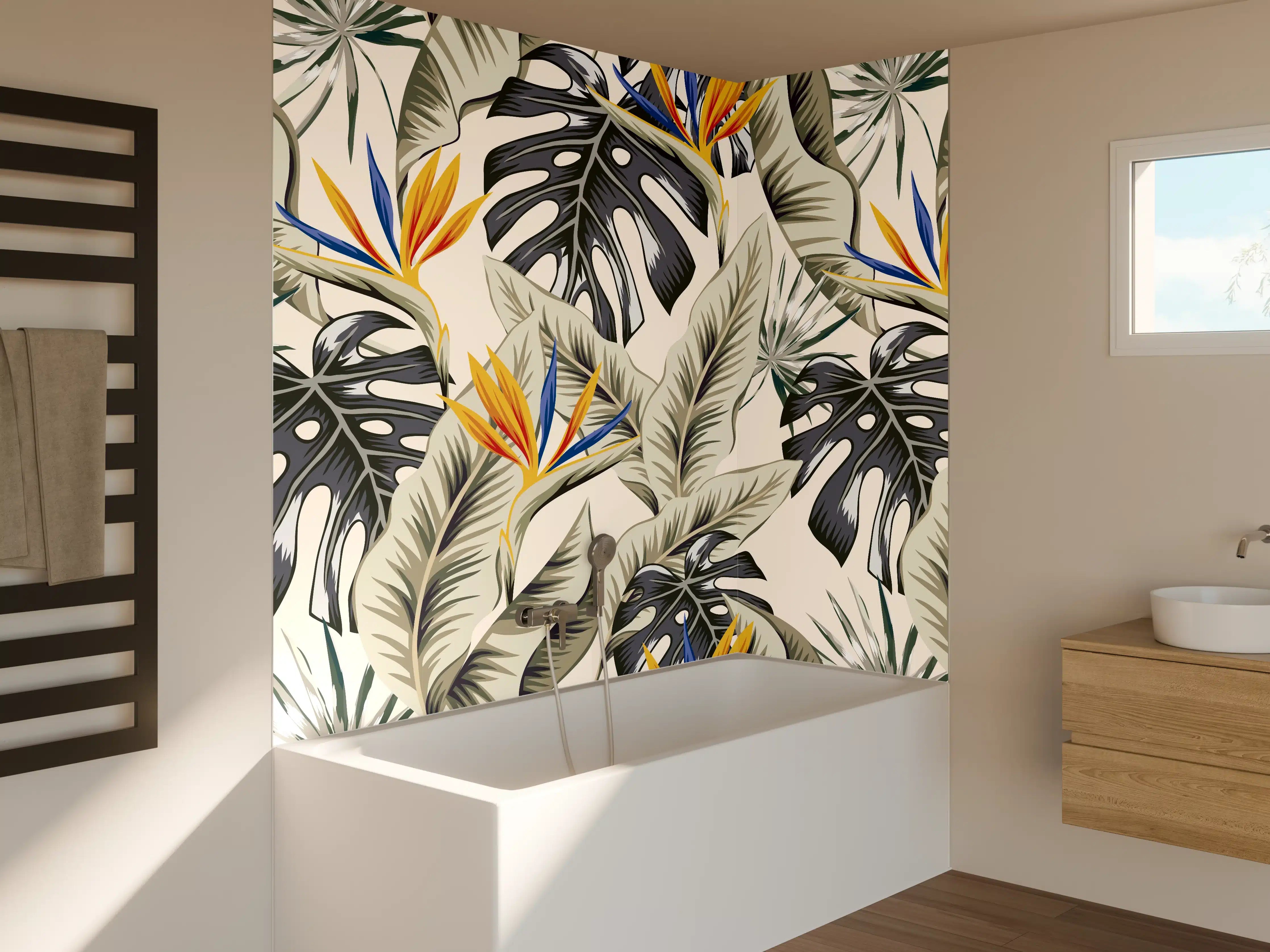 Badewannen-Rückwand - Strelitzia Tropenblätter Beige-Orange