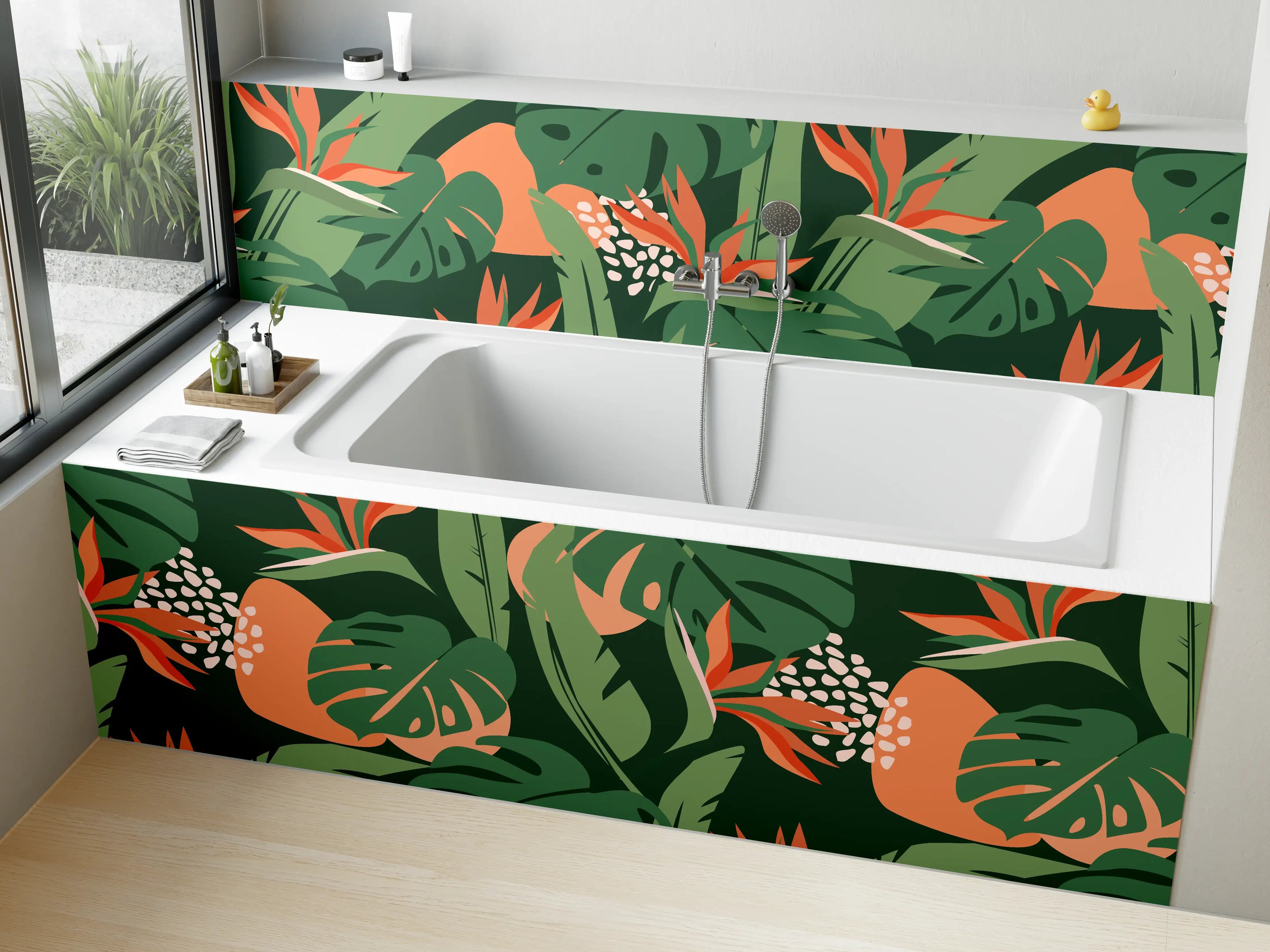 Badewannen-Rückwand - Strelitzia Tropenblatt Grün-Orange