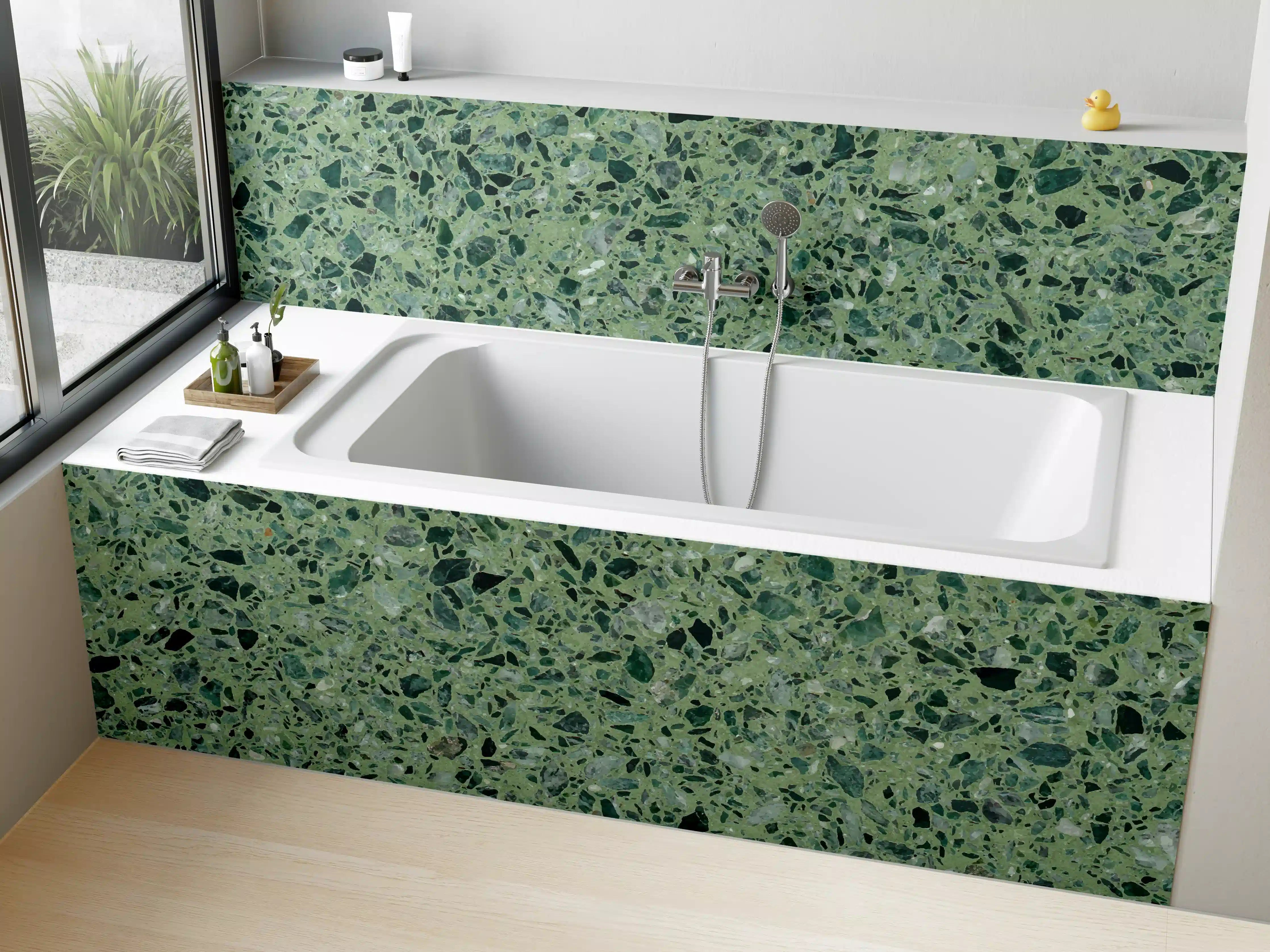 Badewannen-Rückwand - Terrazzo Textur auf türkisem Hintergrund