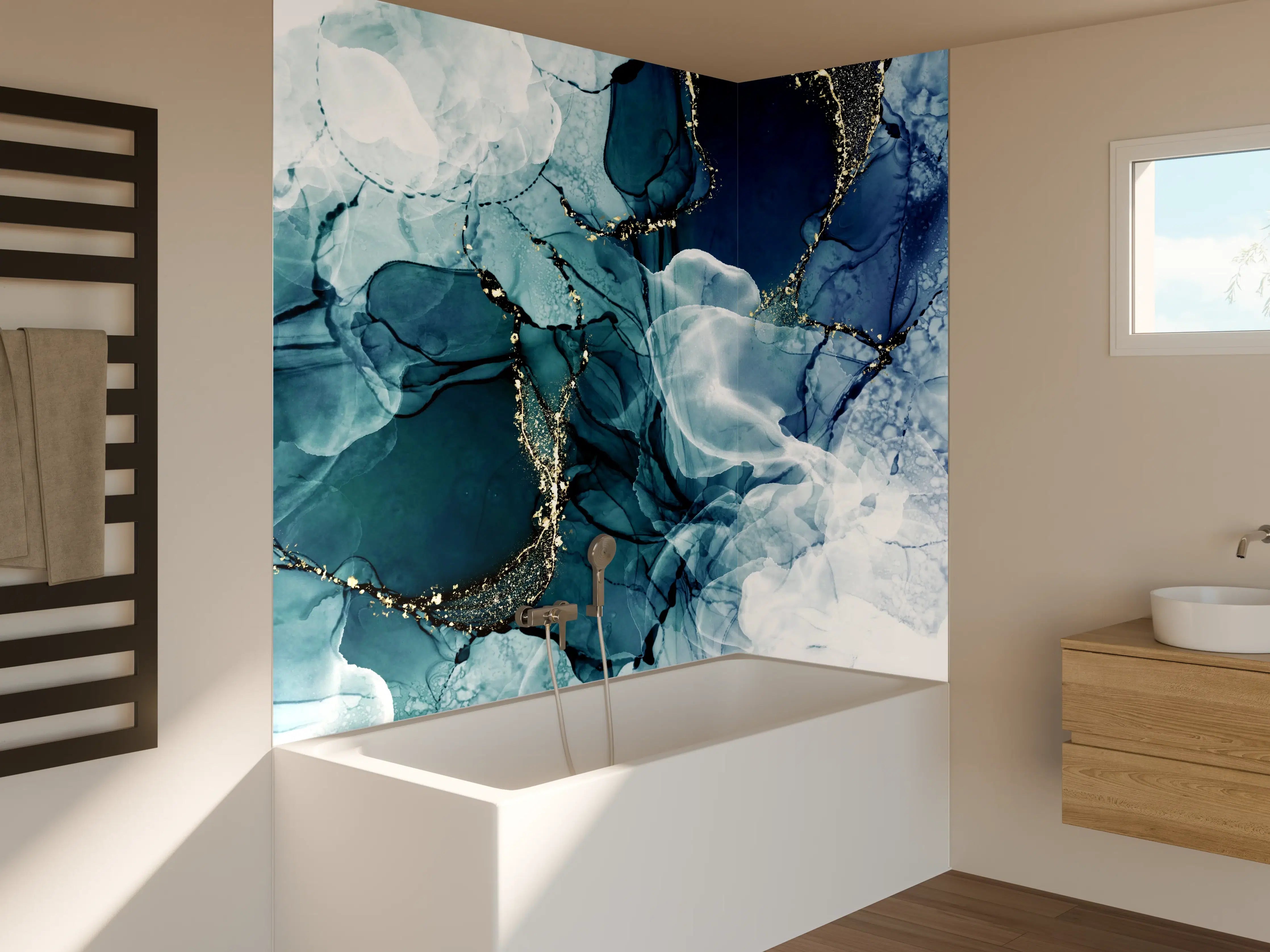 Badewannen-Rückwand - Tiefblaues Fluid-Art Design