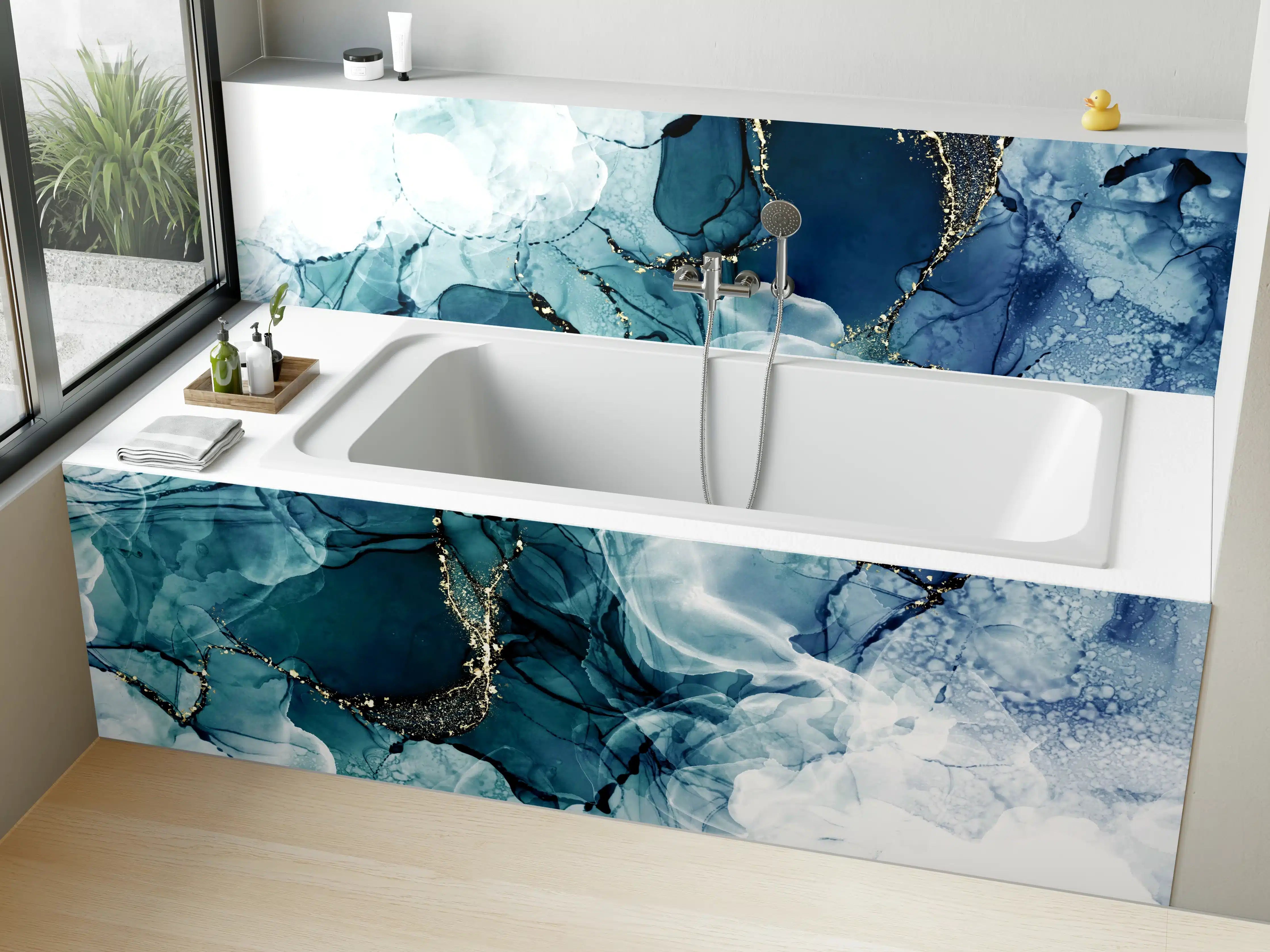 Badewannen-Rückwand - Tiefblaues Fluid-Art Design