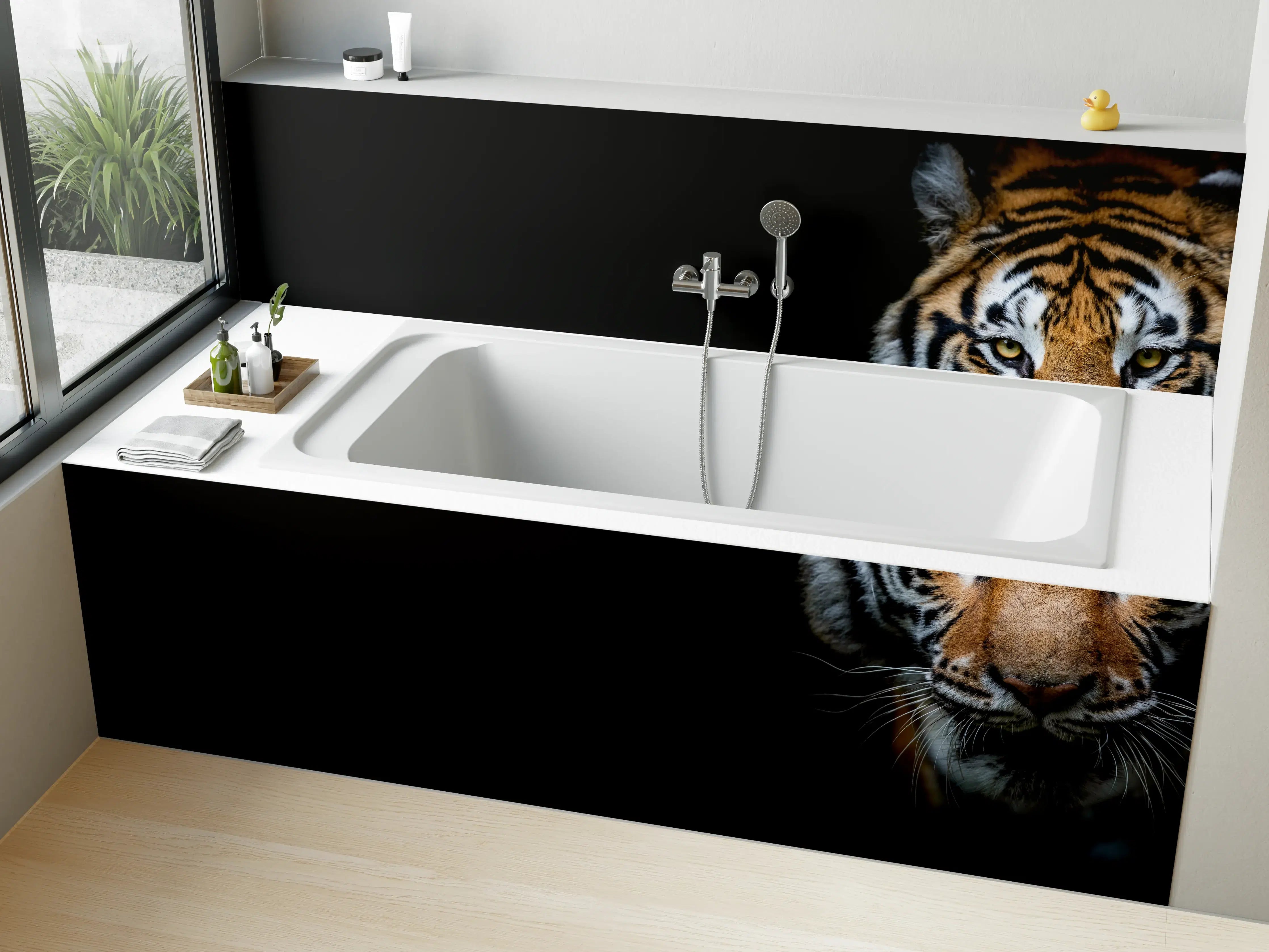Badewannen-Rückwand - Tiger auf schwarzem Hintergrund