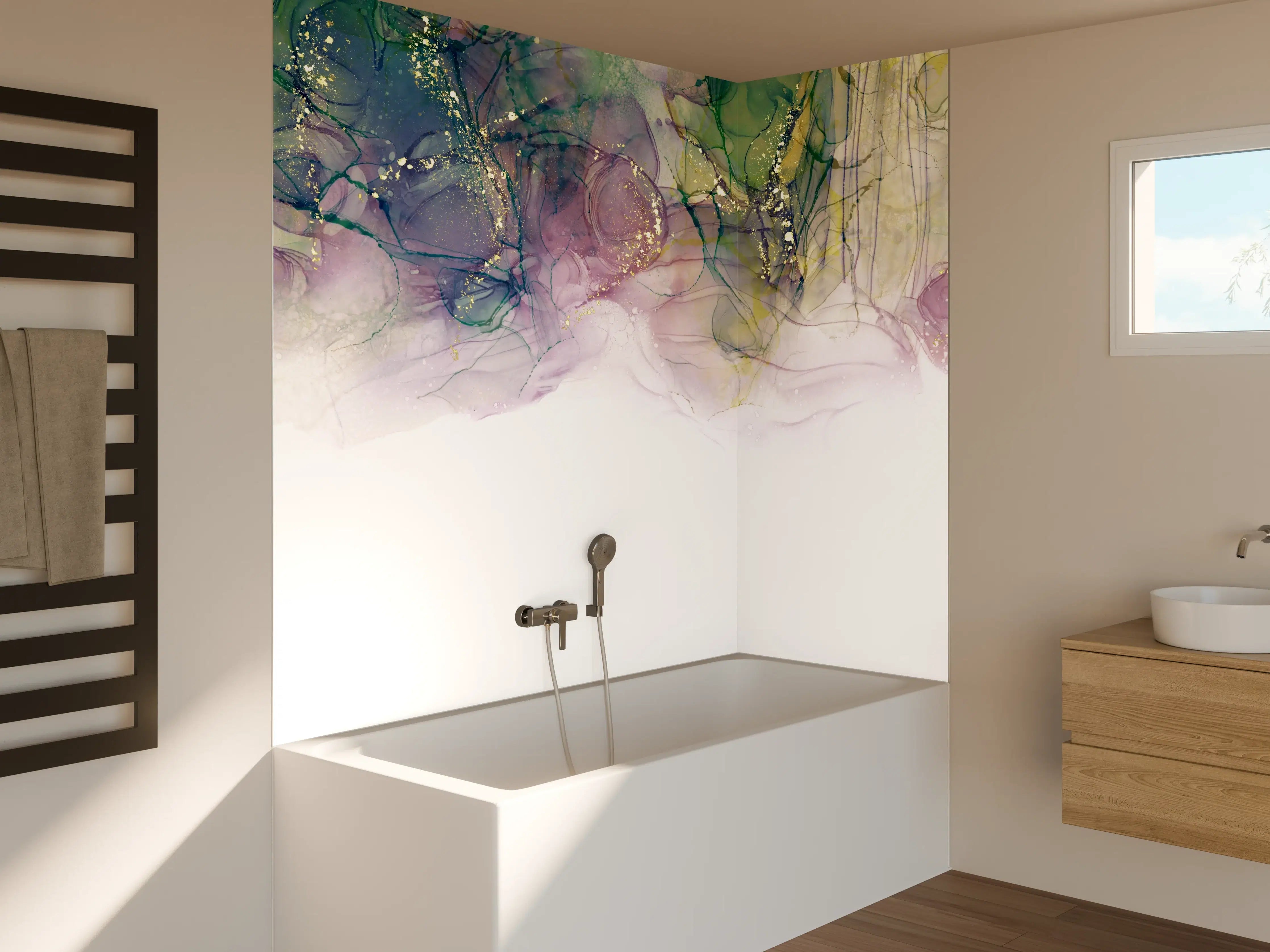 Badewannen-Rückwand - Tinte mit Goldelementen - Weißer Übergang
