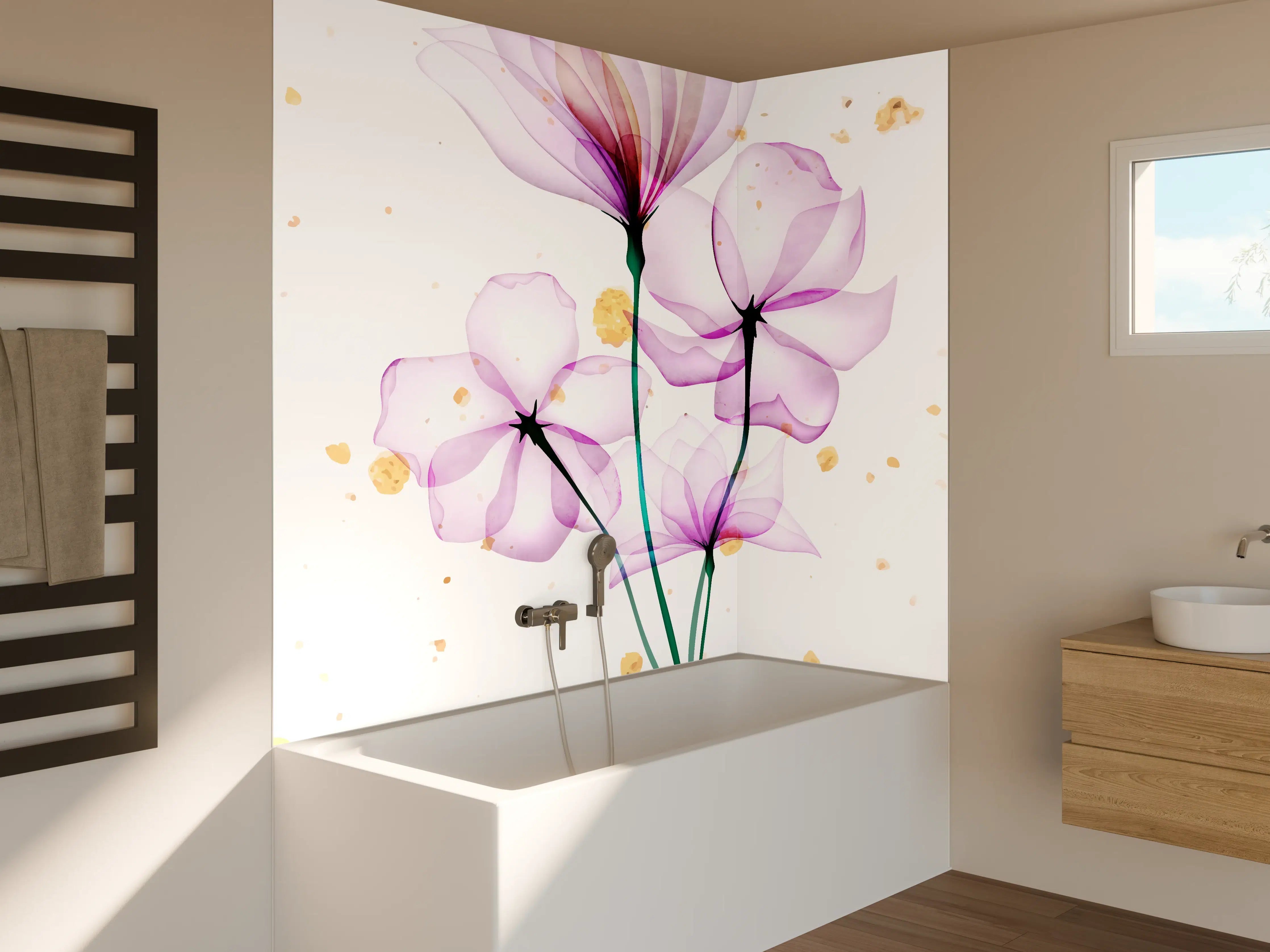 Badewannen-Rückwand - Transluzente Blüten Aquarell-Effekt