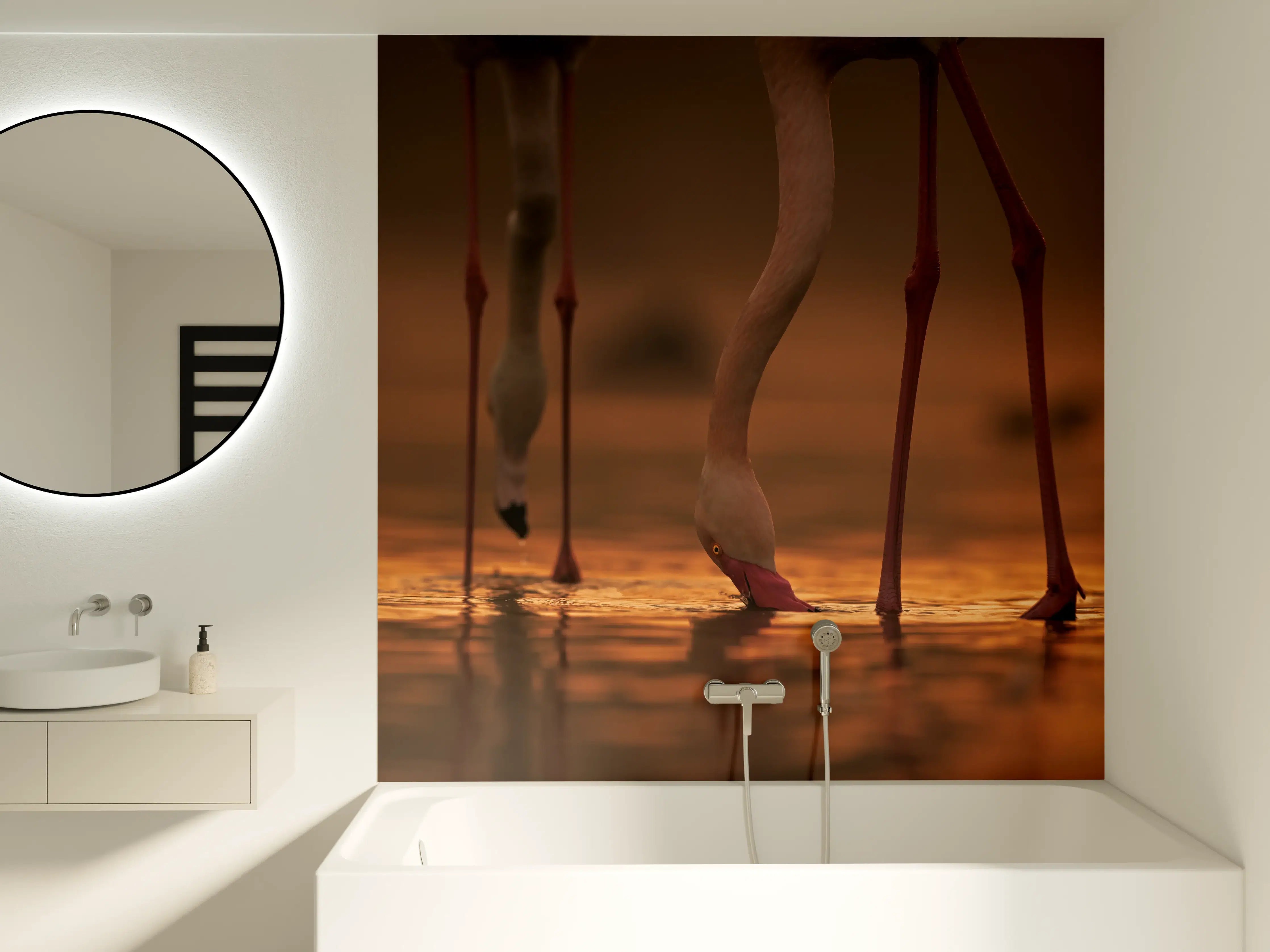 Badewannen-Rückwand - Trinkende Flamingos