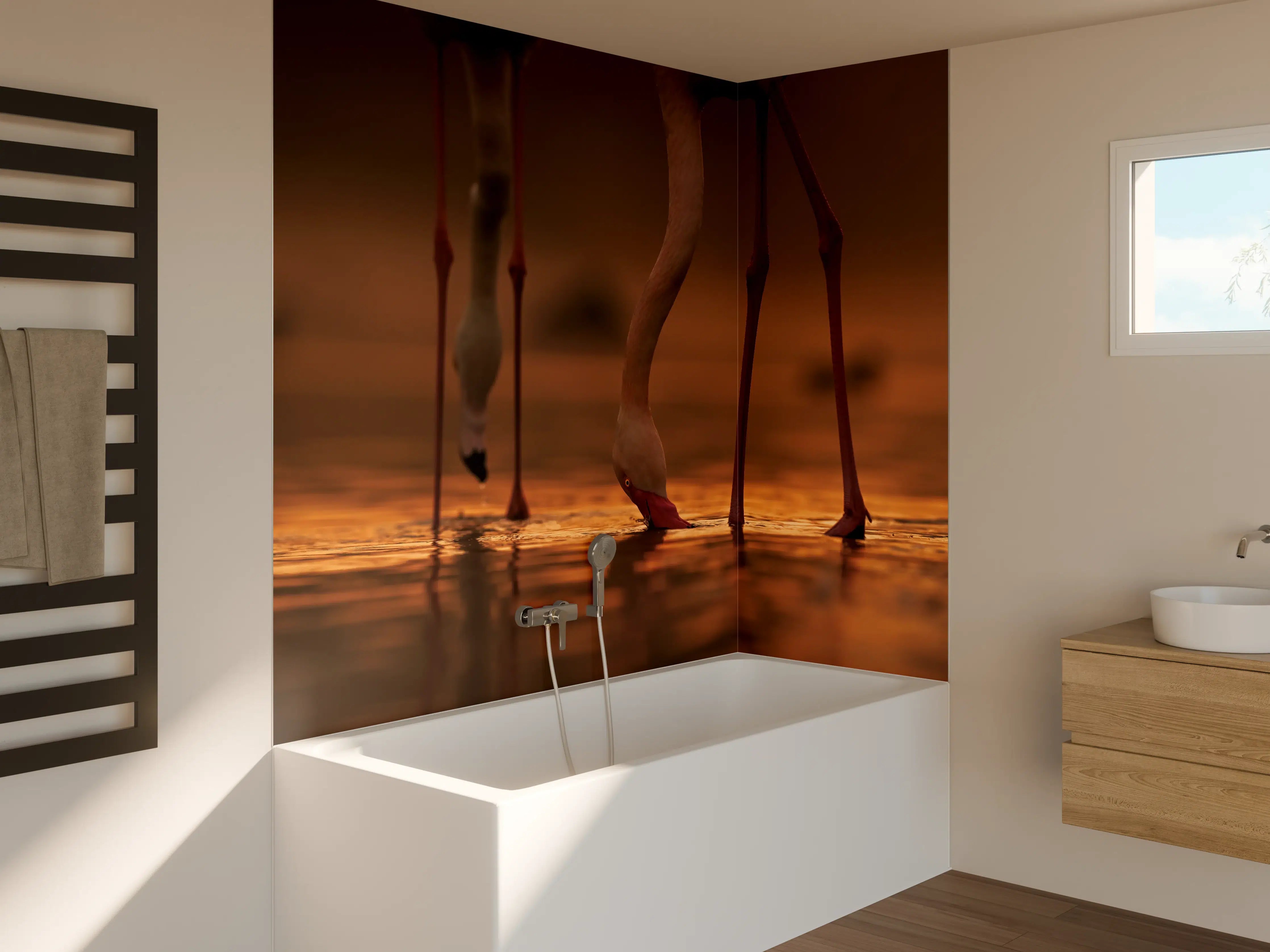 Badewannen-Rückwand - Trinkende Flamingos
