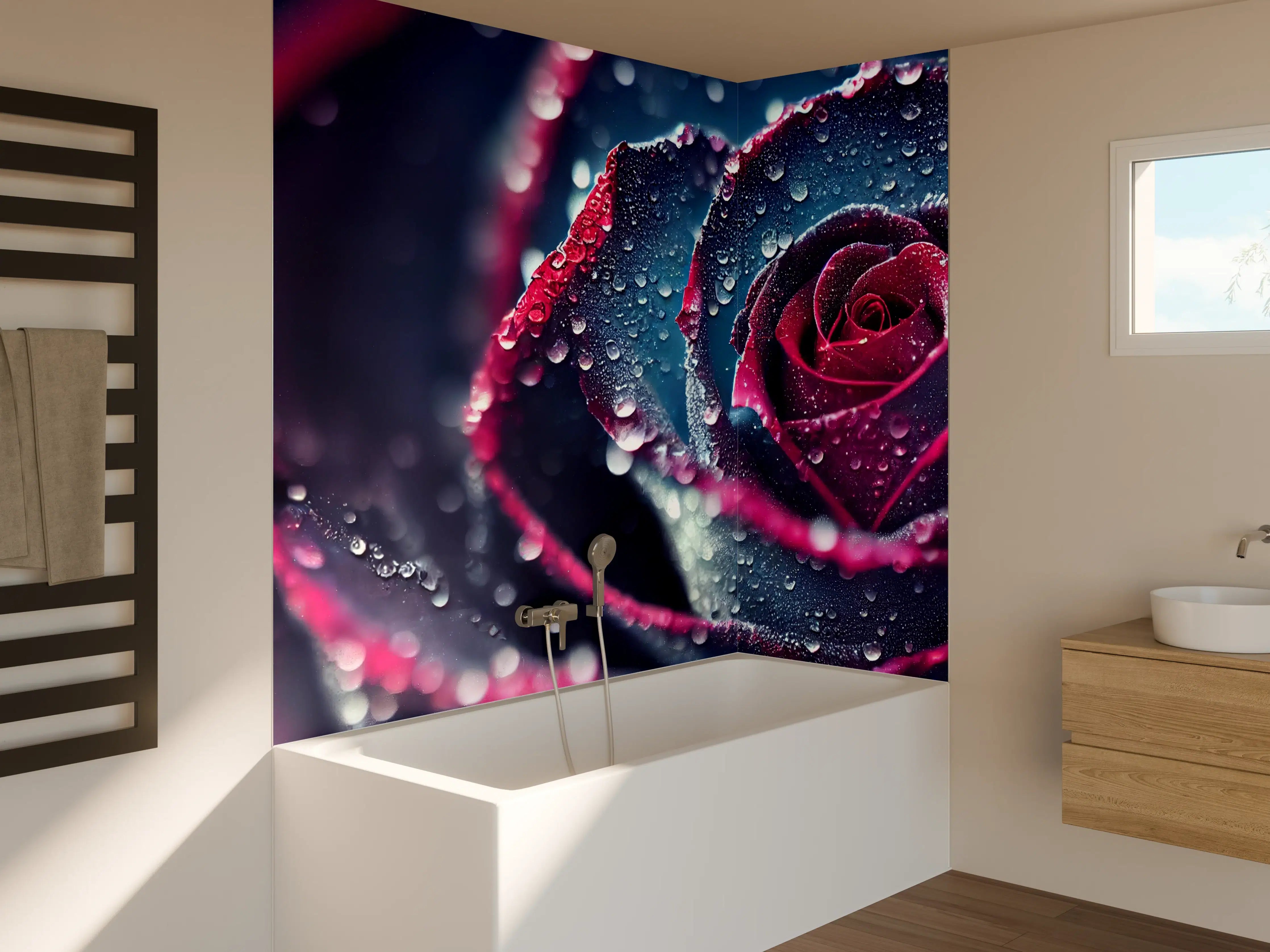 Badewannen-Rückwand - Tropfenbedeckte Rosen in Dunkelblau