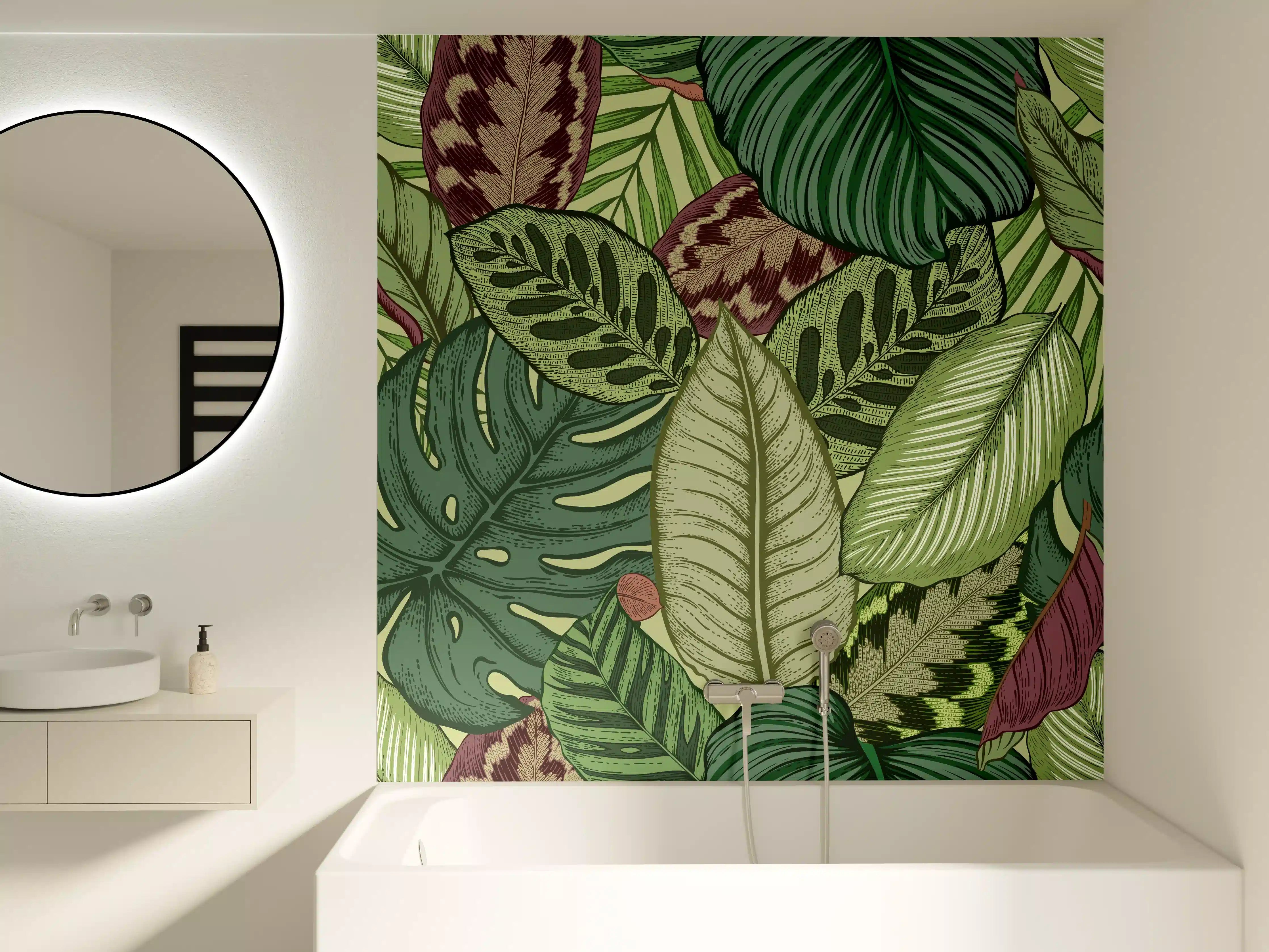 Badewannen-Rückwand - Tropische Blätter Grün-Beige