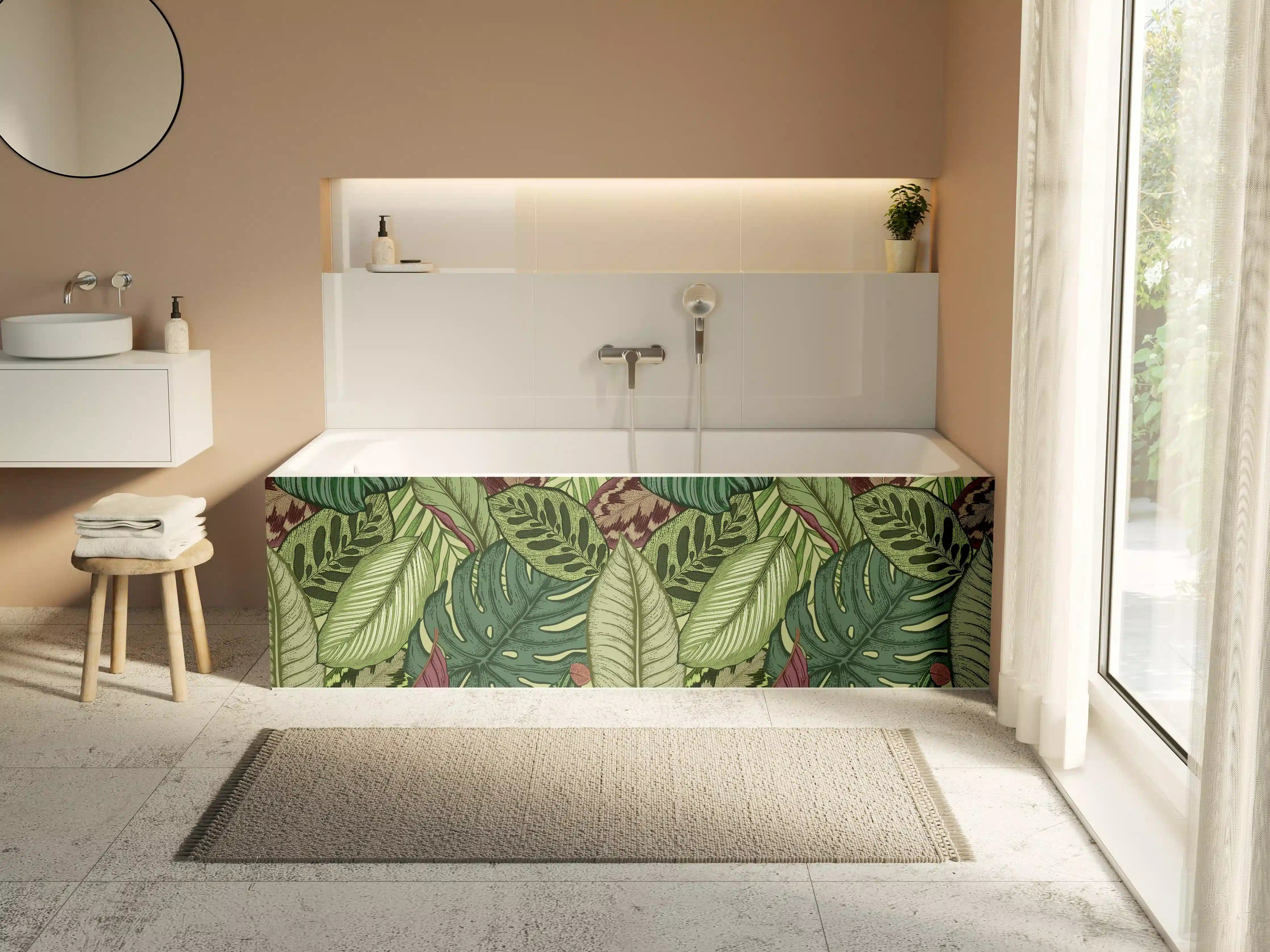 Badewannen-Rückwand - Tropische Blätter Grün-Beige