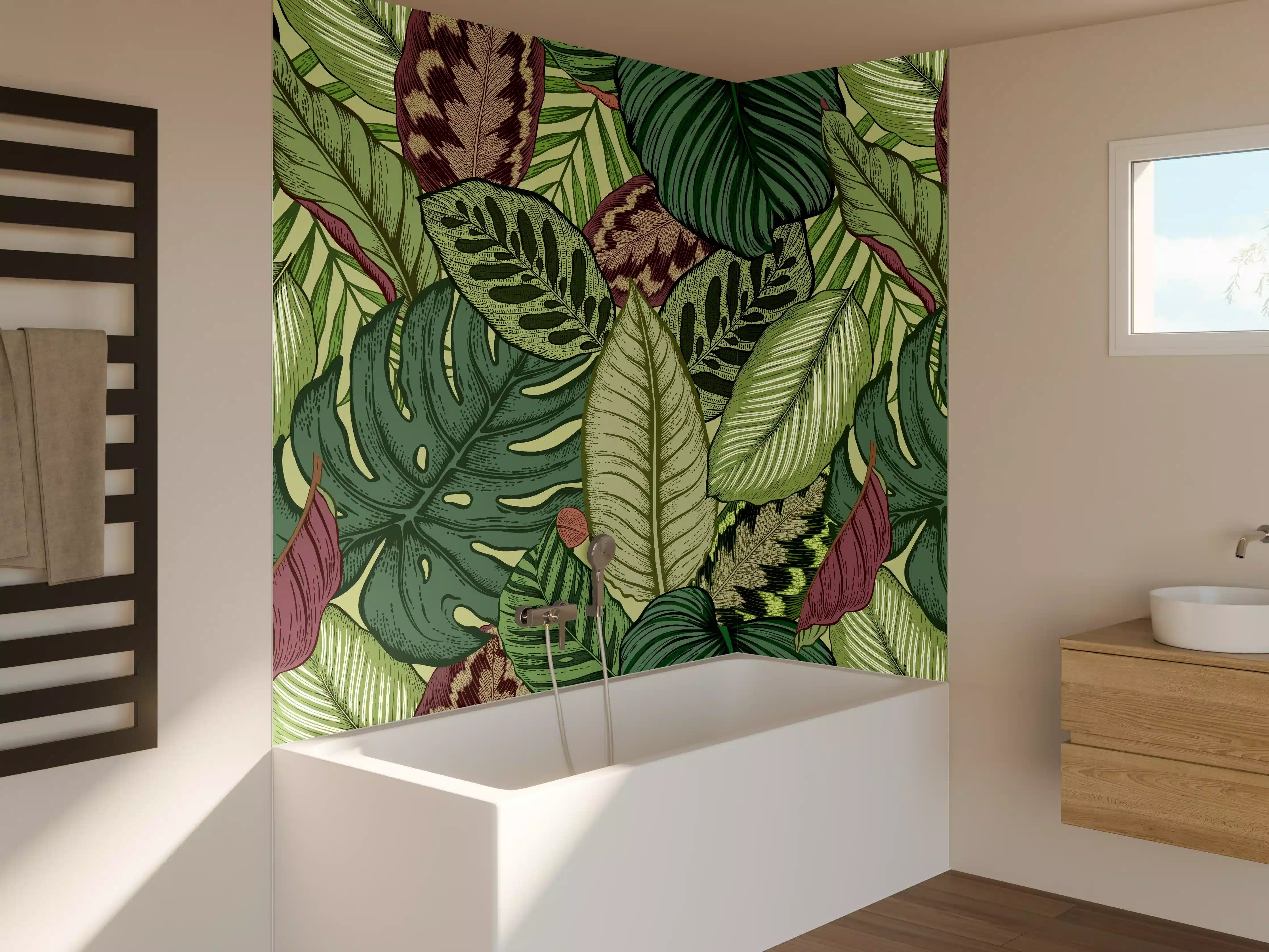 Badewannen-Rückwand - Tropische Blätter Grün-Beige