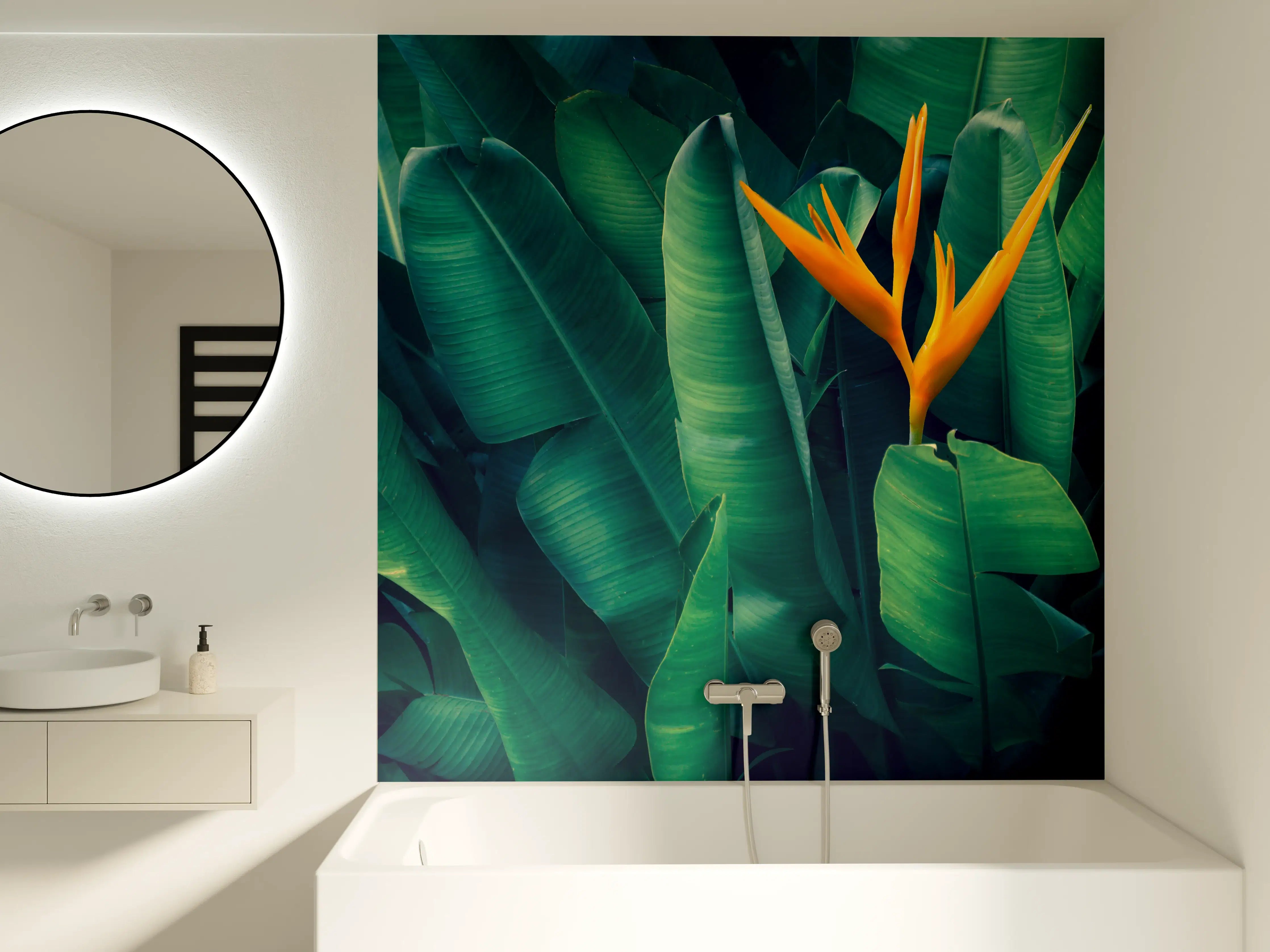 Badewannen-Rückwand - Tropische Blätter mit orangefarbiger Blume