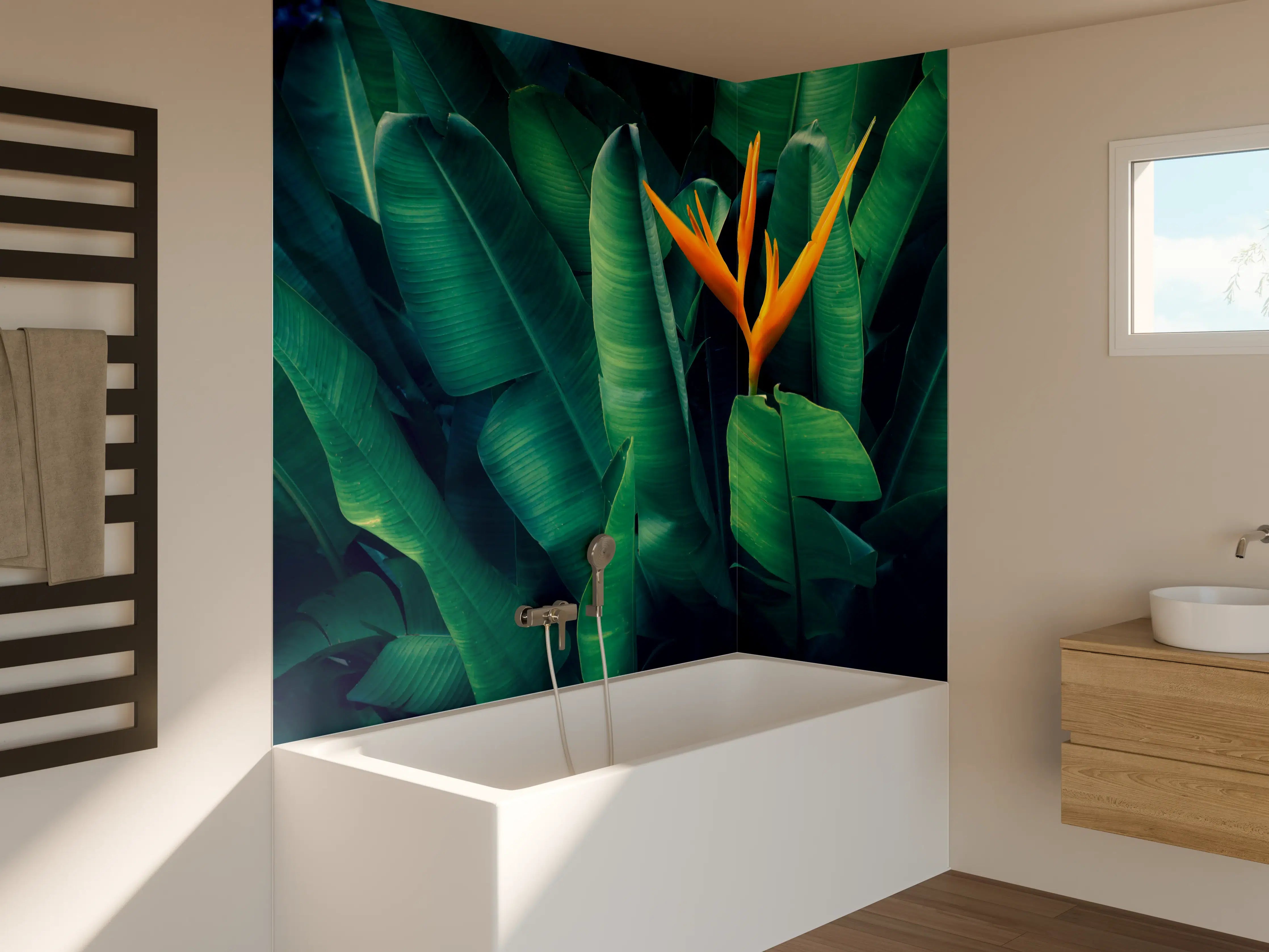 Badewannen-Rückwand - Tropische Blätter mit orangefarbiger Blume