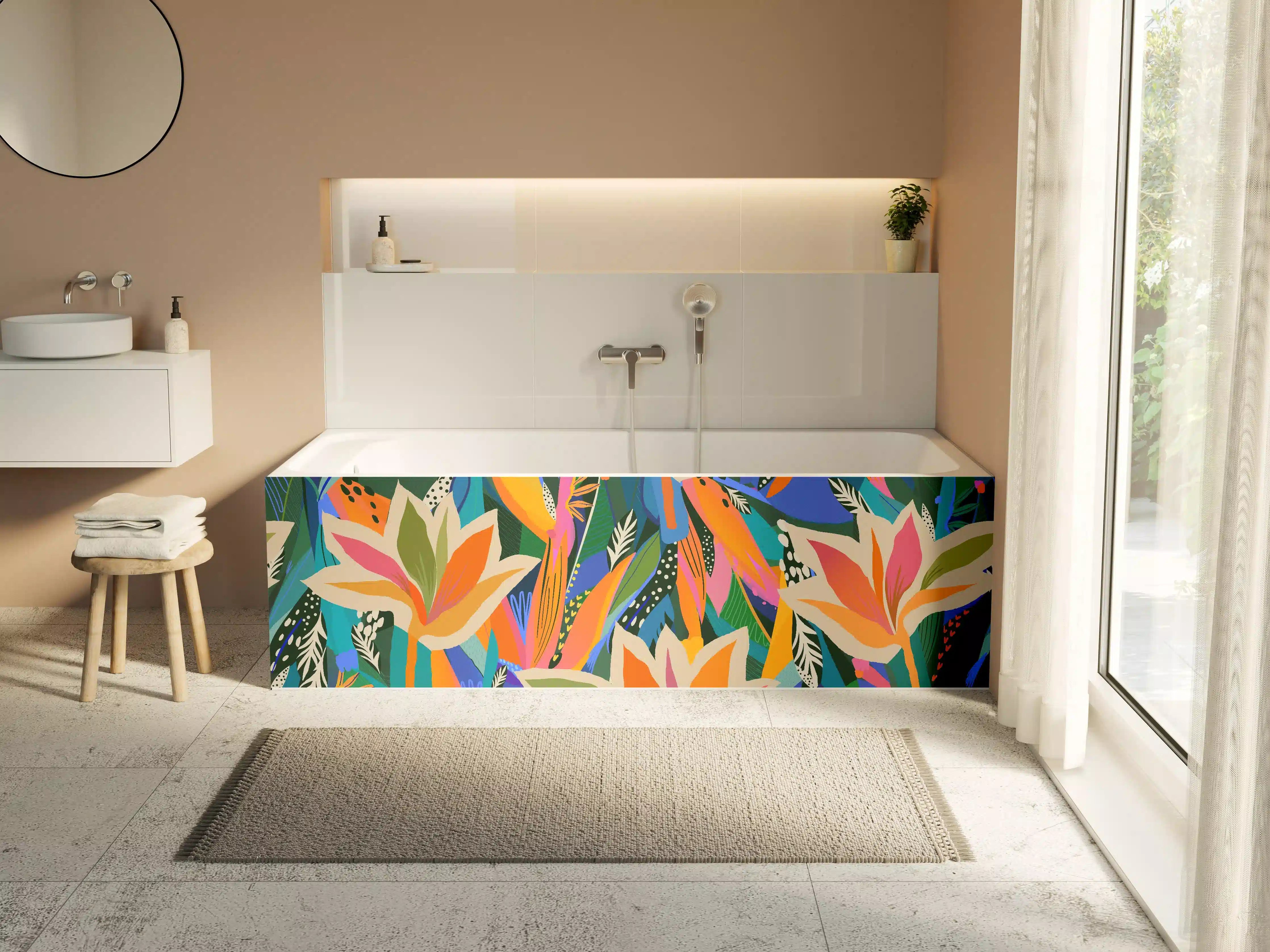 Badewannen-Rückwand - Tropische Blüten Blau-Orange-Grün