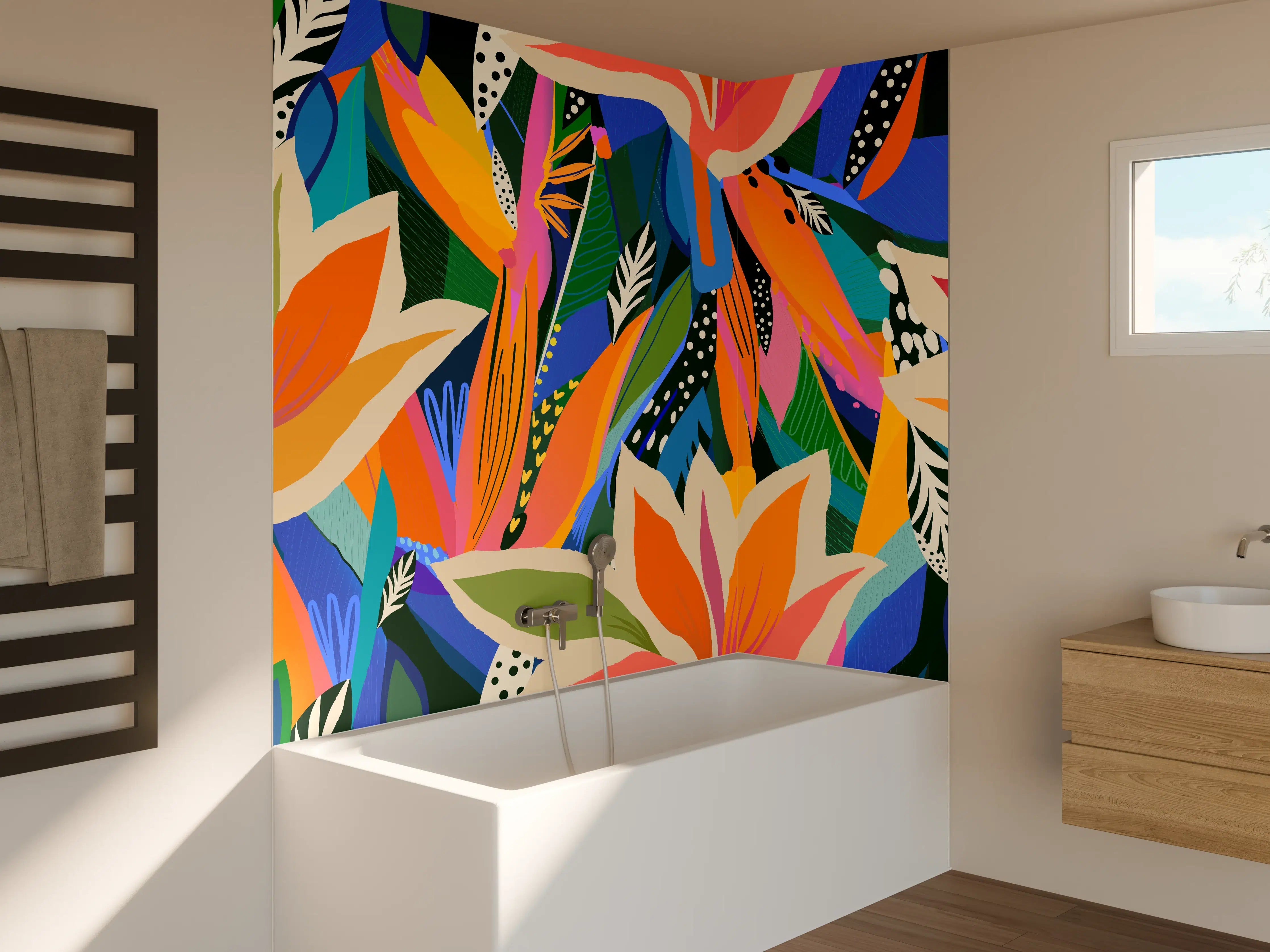 Badewannen-Rückwand - Tropische Blüten Blau-Orange-Grün