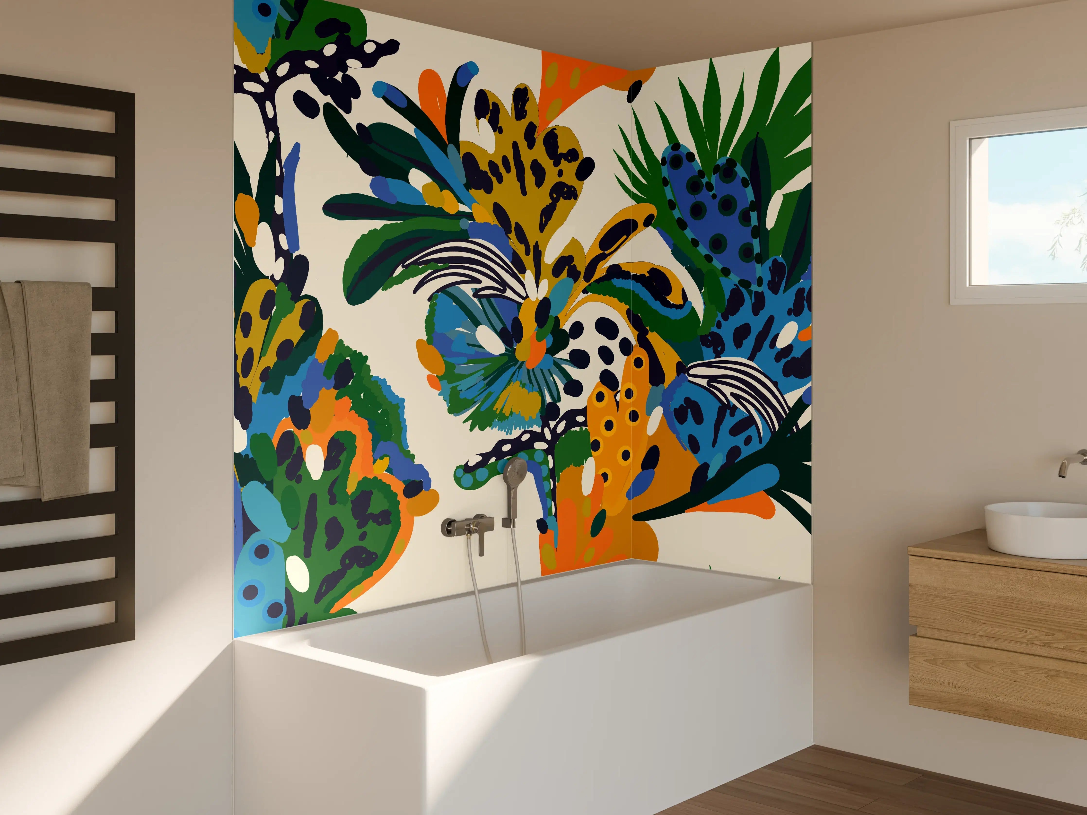 Badewannen-Rückwand - Tropische Blumen Blau Grün Orange