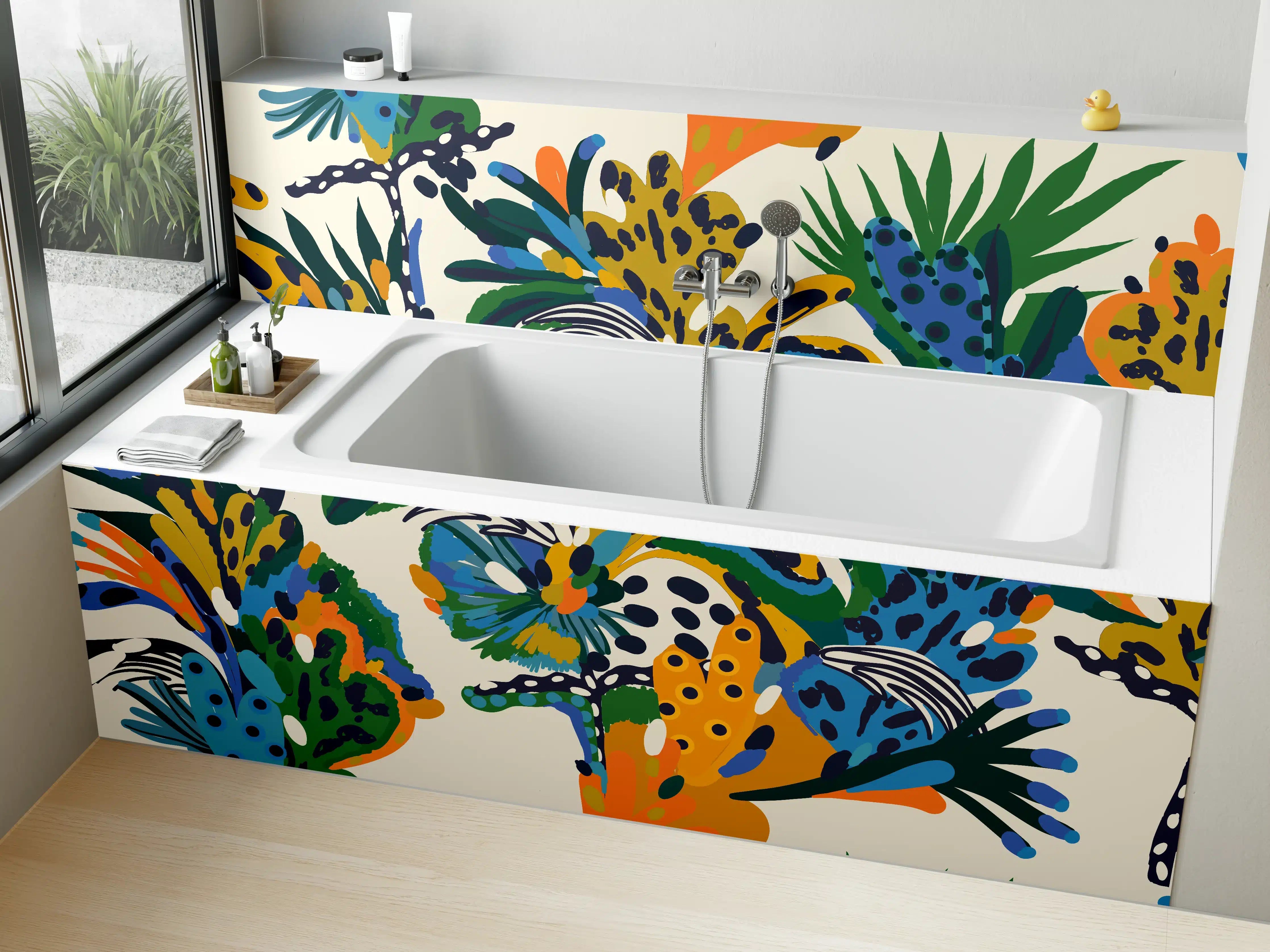Badewannen-Rückwand - Tropische Blumen Blau Grün Orange