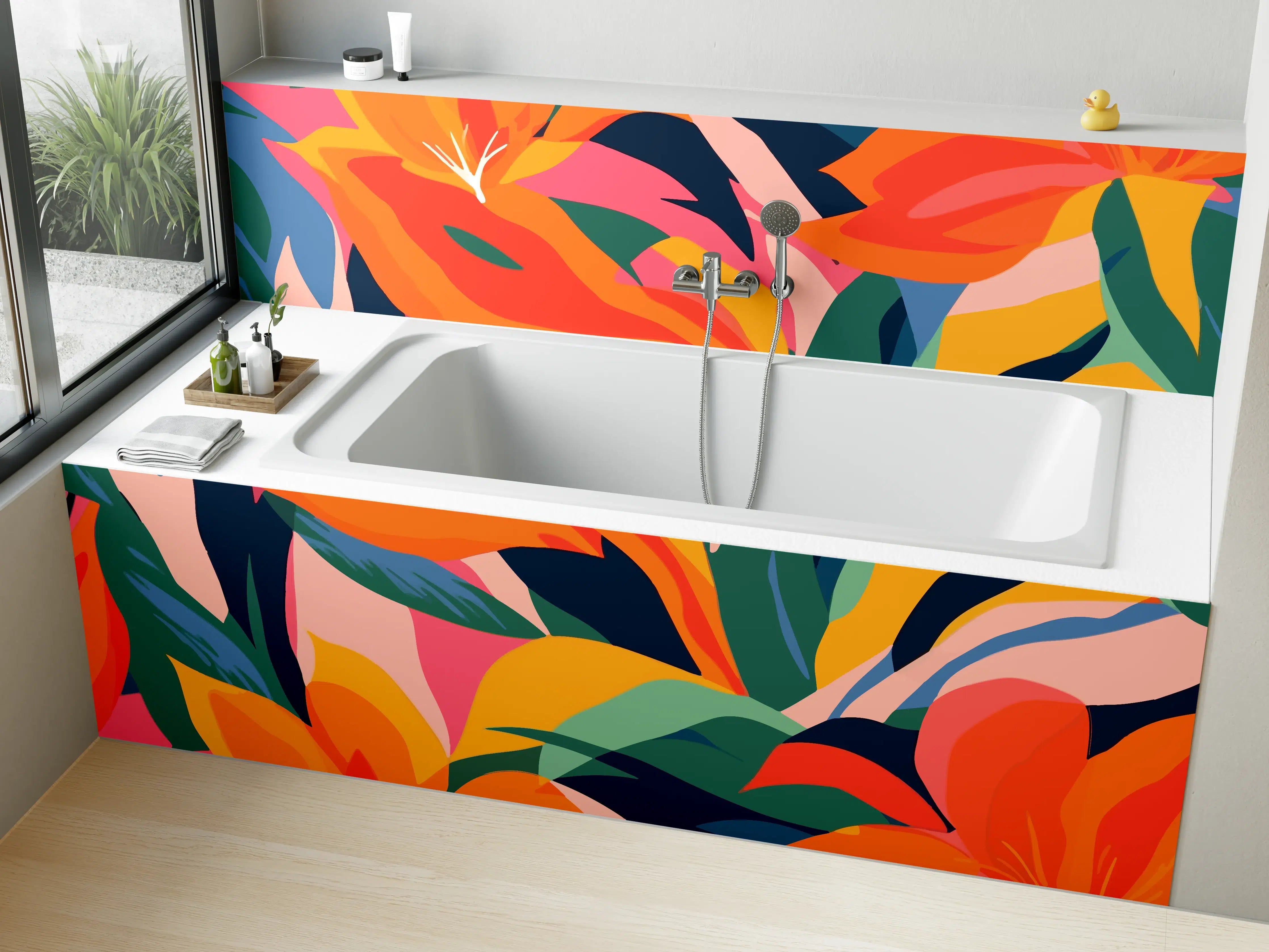 Badewannen-Rückwand - Tropische Bunte Blumenillustration