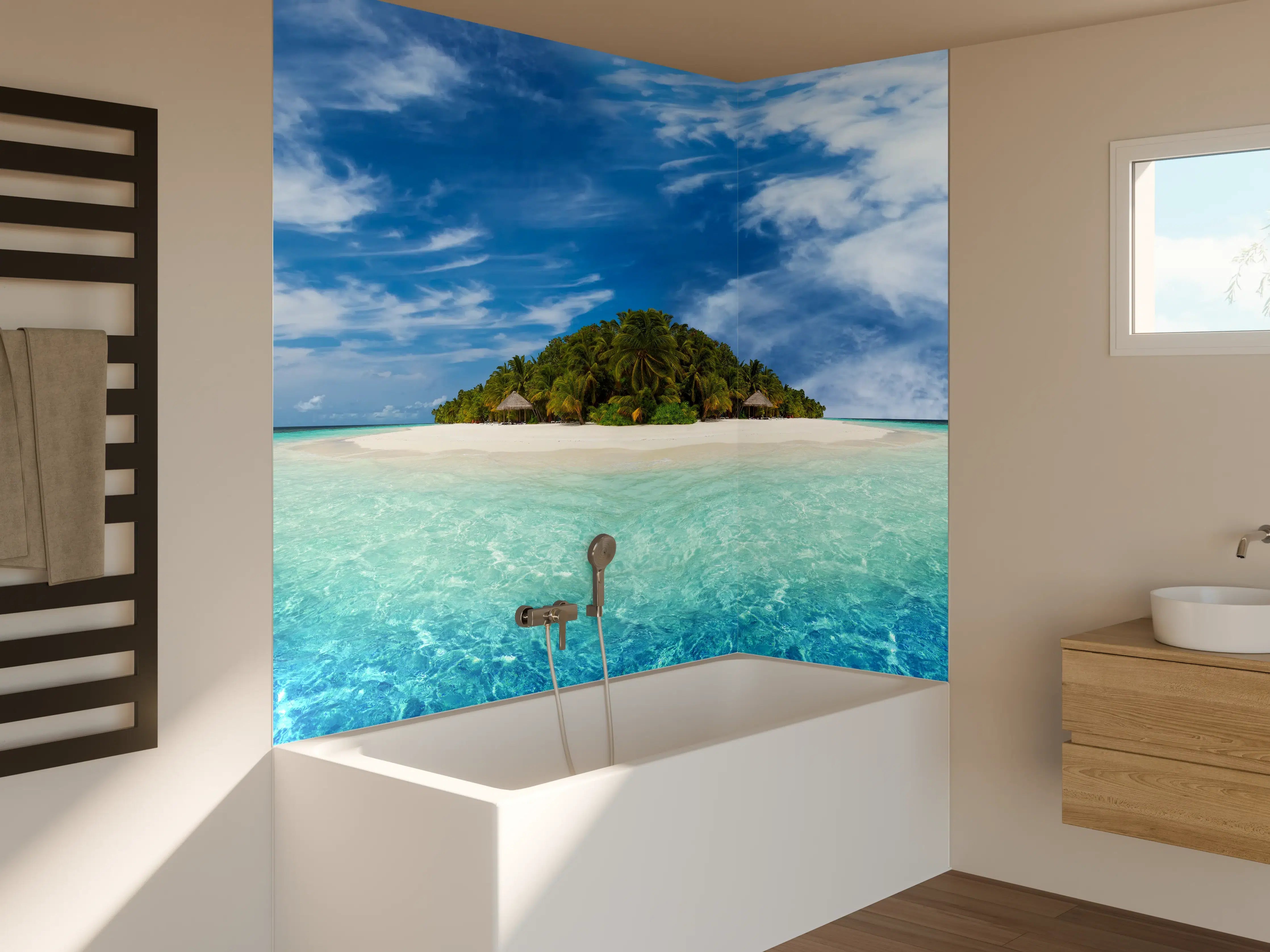Badewannen-Rückwand - Tropische Insel mit Kokospalmen