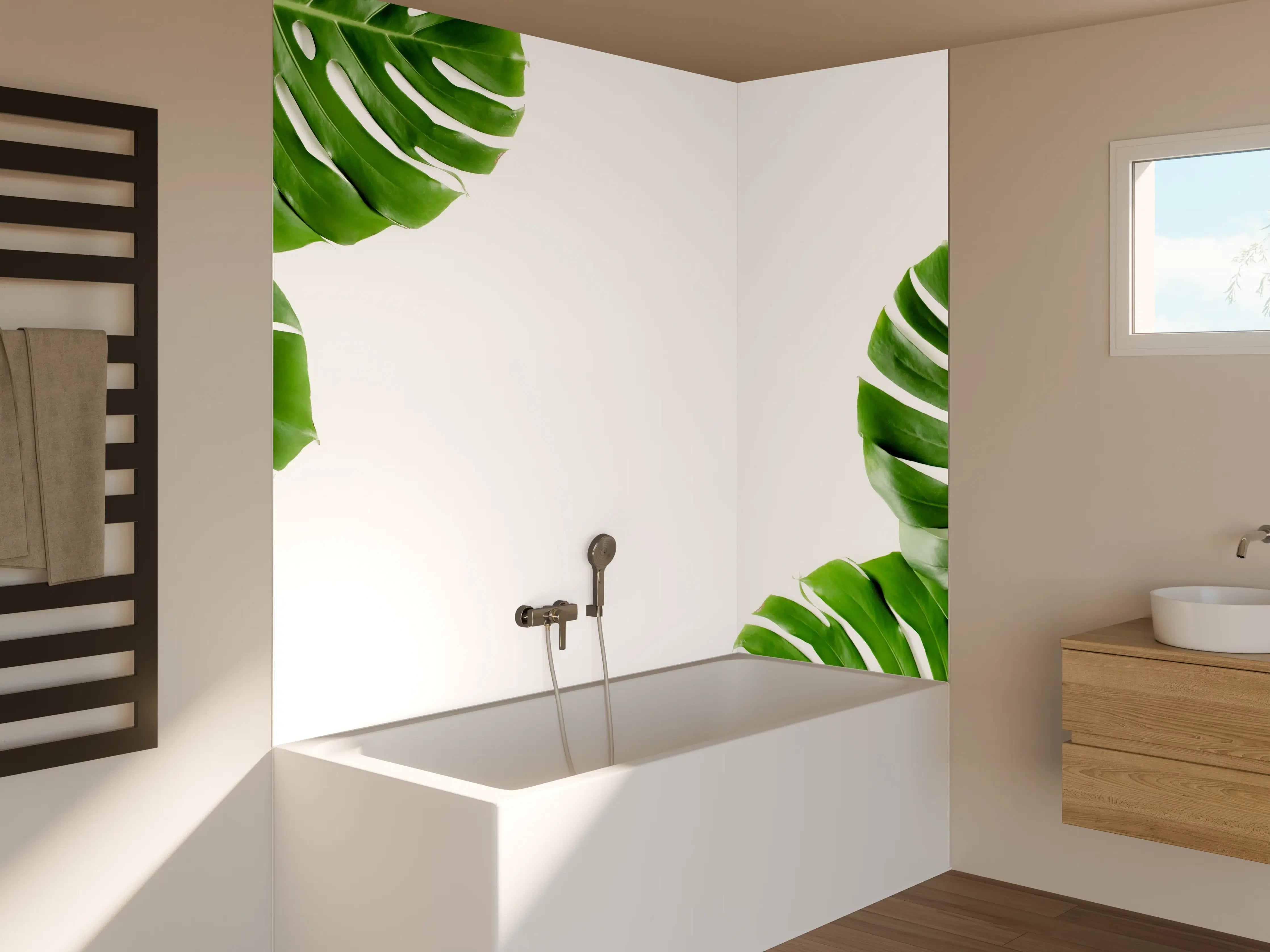 Badewannen-Rückwand - Tropische Palmenblätter auf weißem Hintergrund