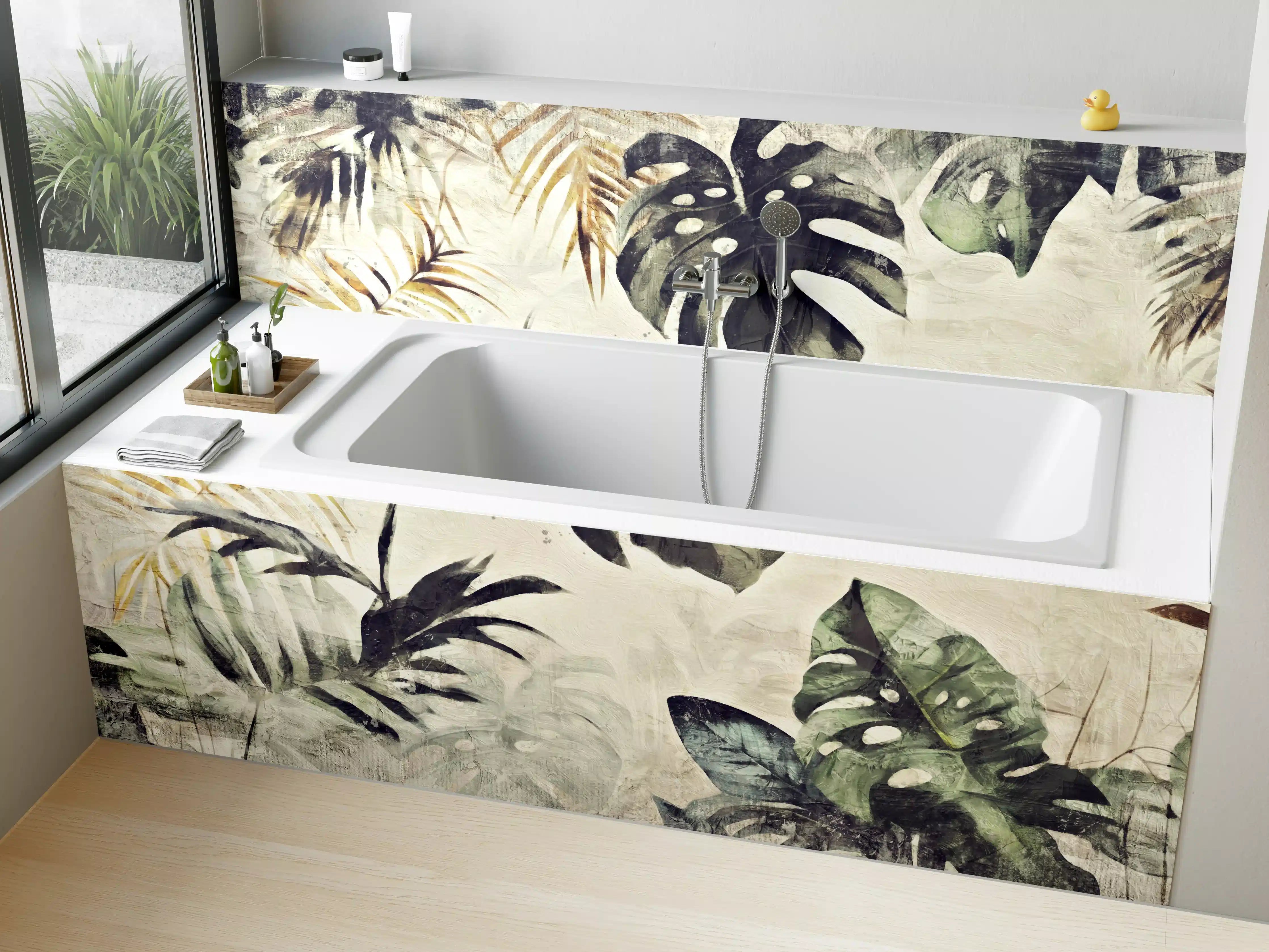 Badewannen-Rückwand - Tropische Pflanzenvielfalt mit Grunge-Textur