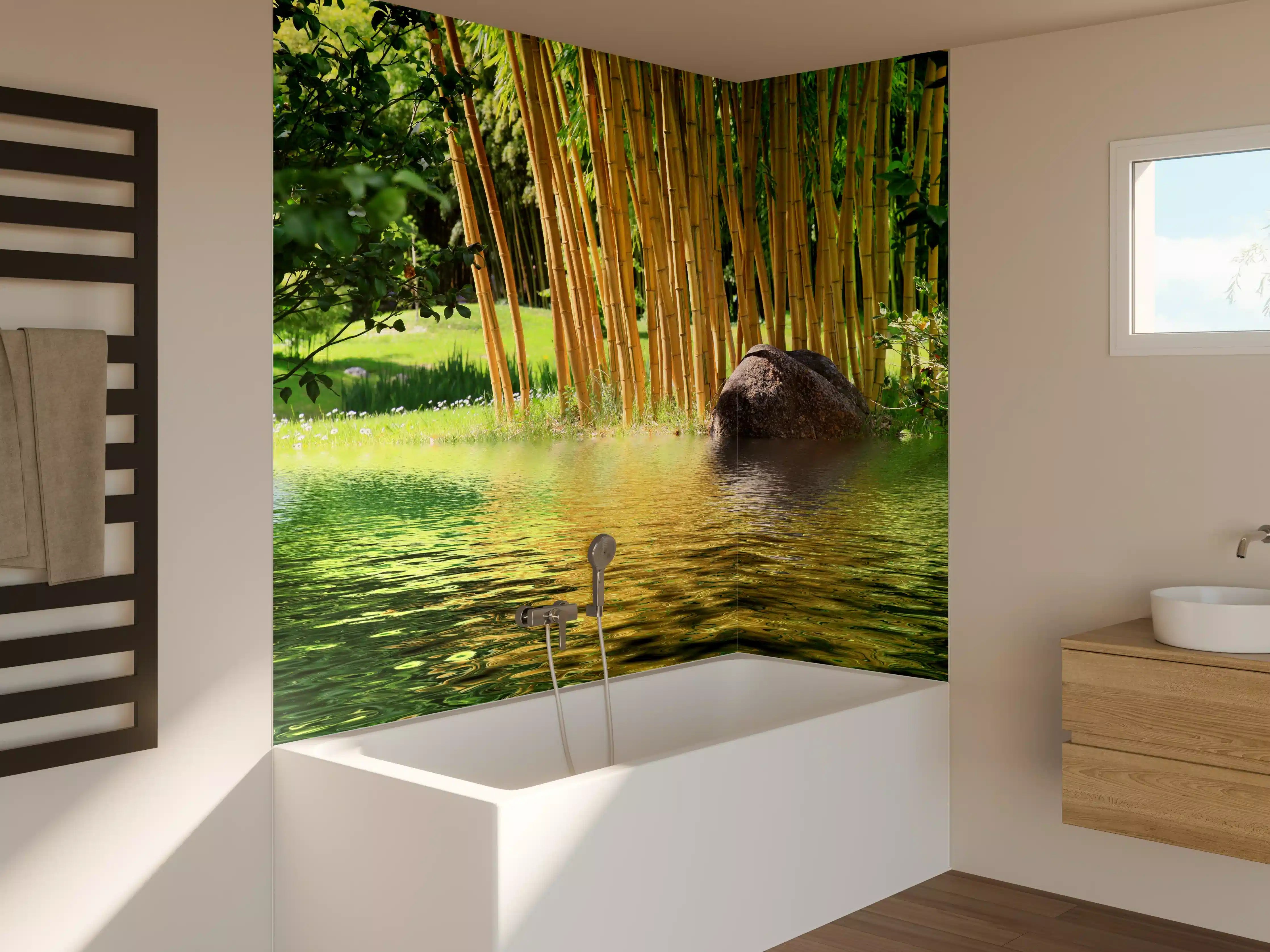 Badewannen-Rückwand - Tropischer Bambuswald mit See in Zentralasien