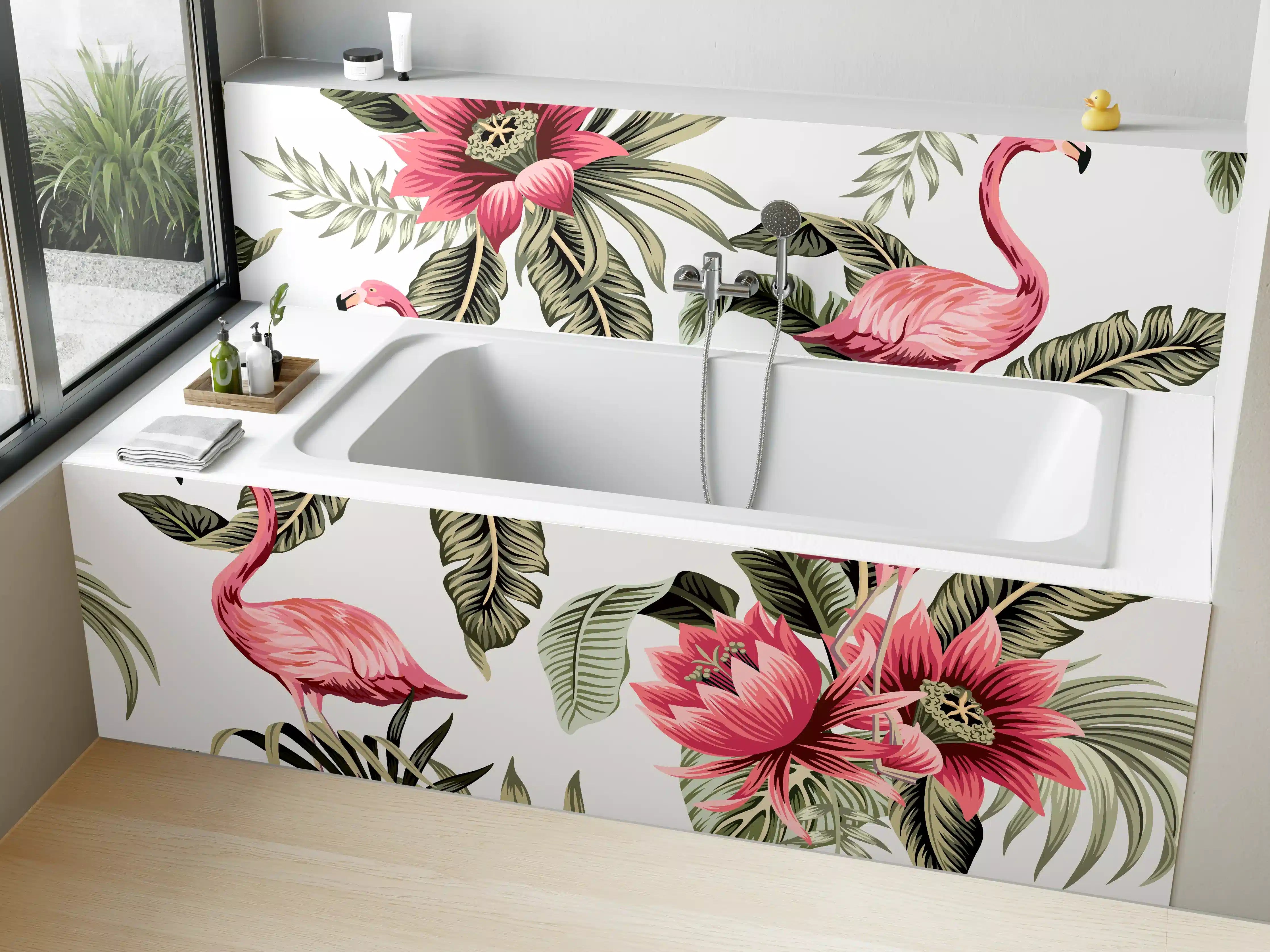 Badewannen-Rückwand - Tropischer Flamingo-Blumen-Print