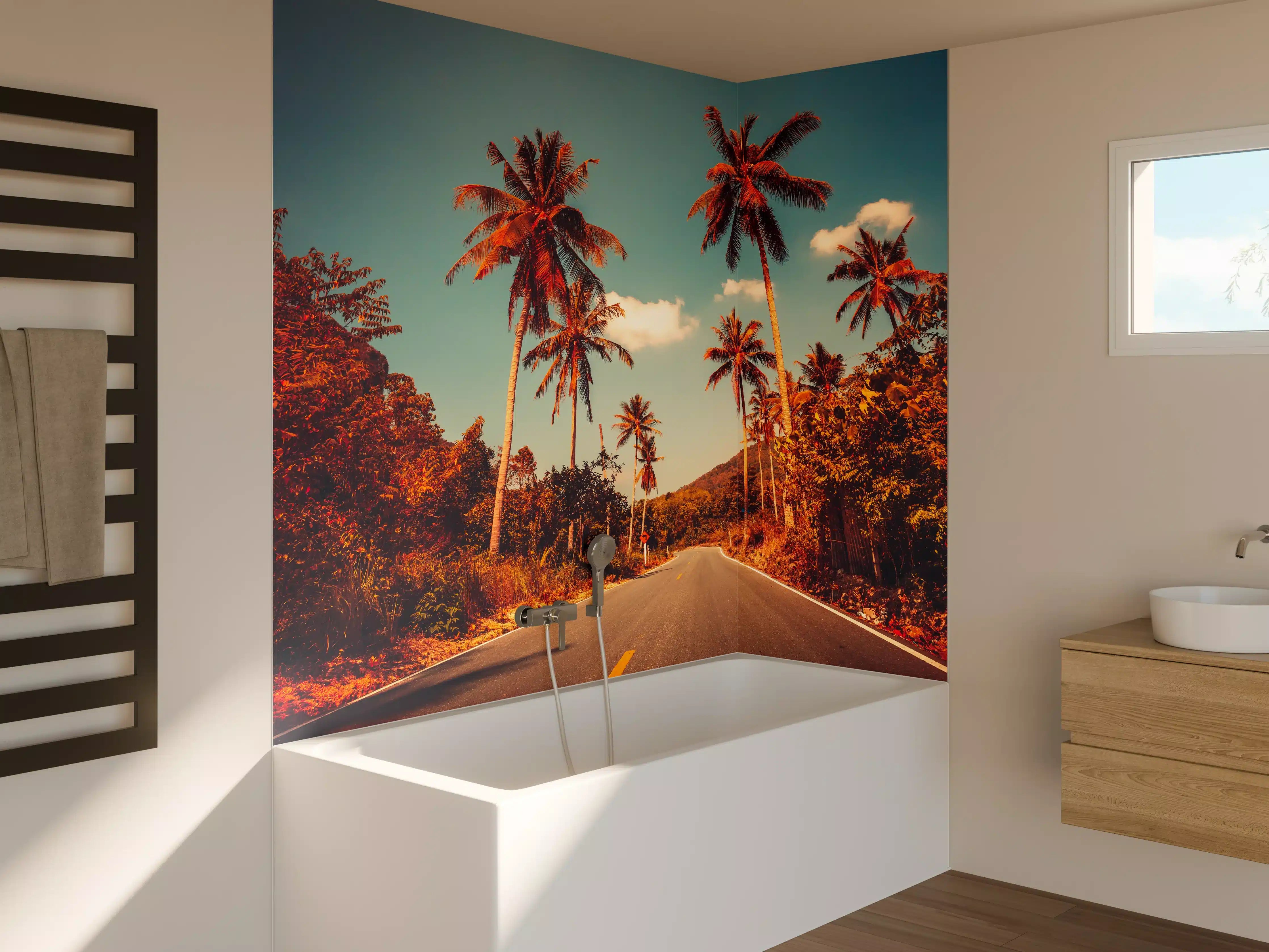 Badewannen-Rückwand - Tropischer Sonnenuntergang mit Palmen