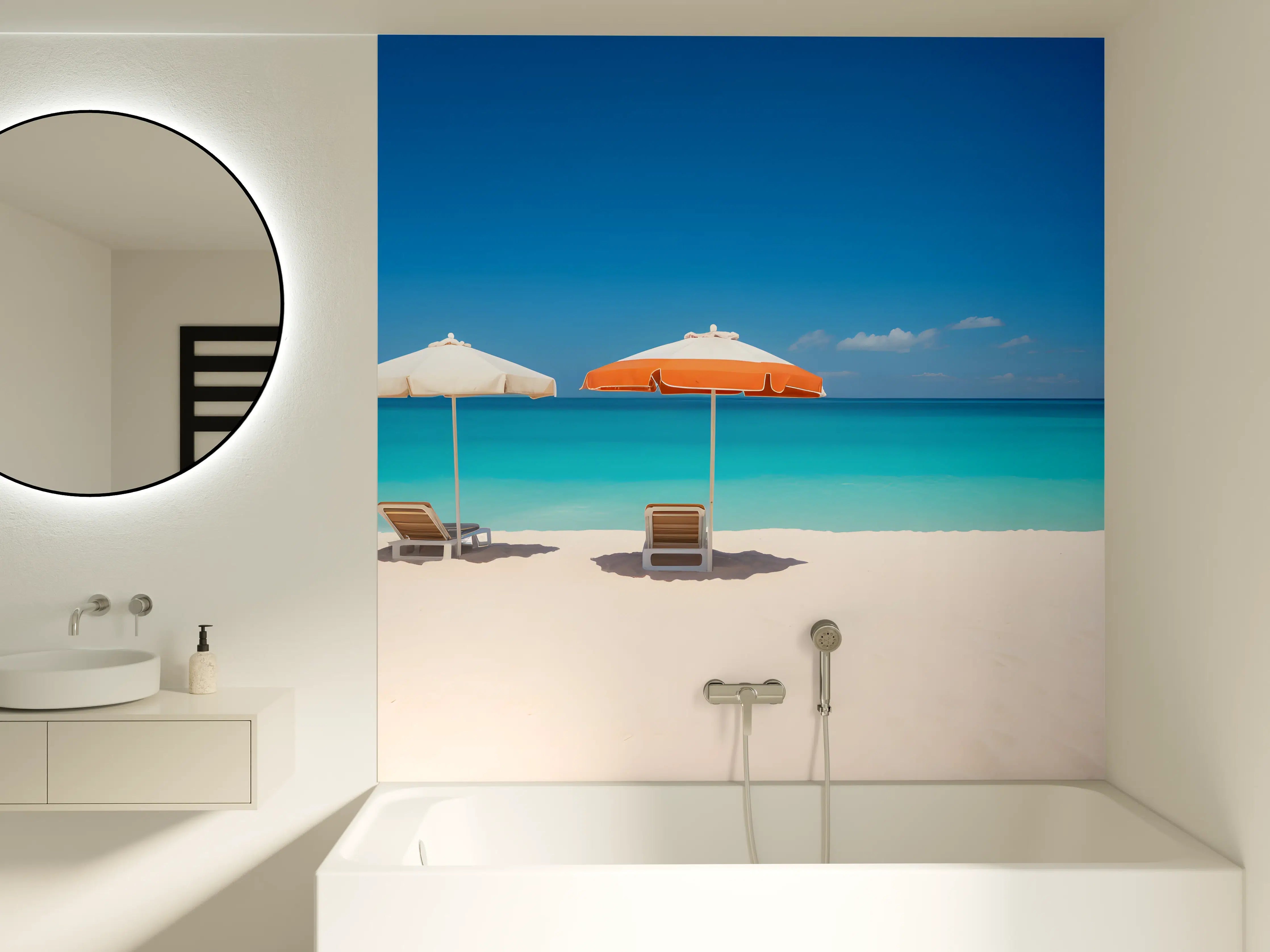 Badewannen-Rückwand - Tropischer Strand mit Sonnenschirmen