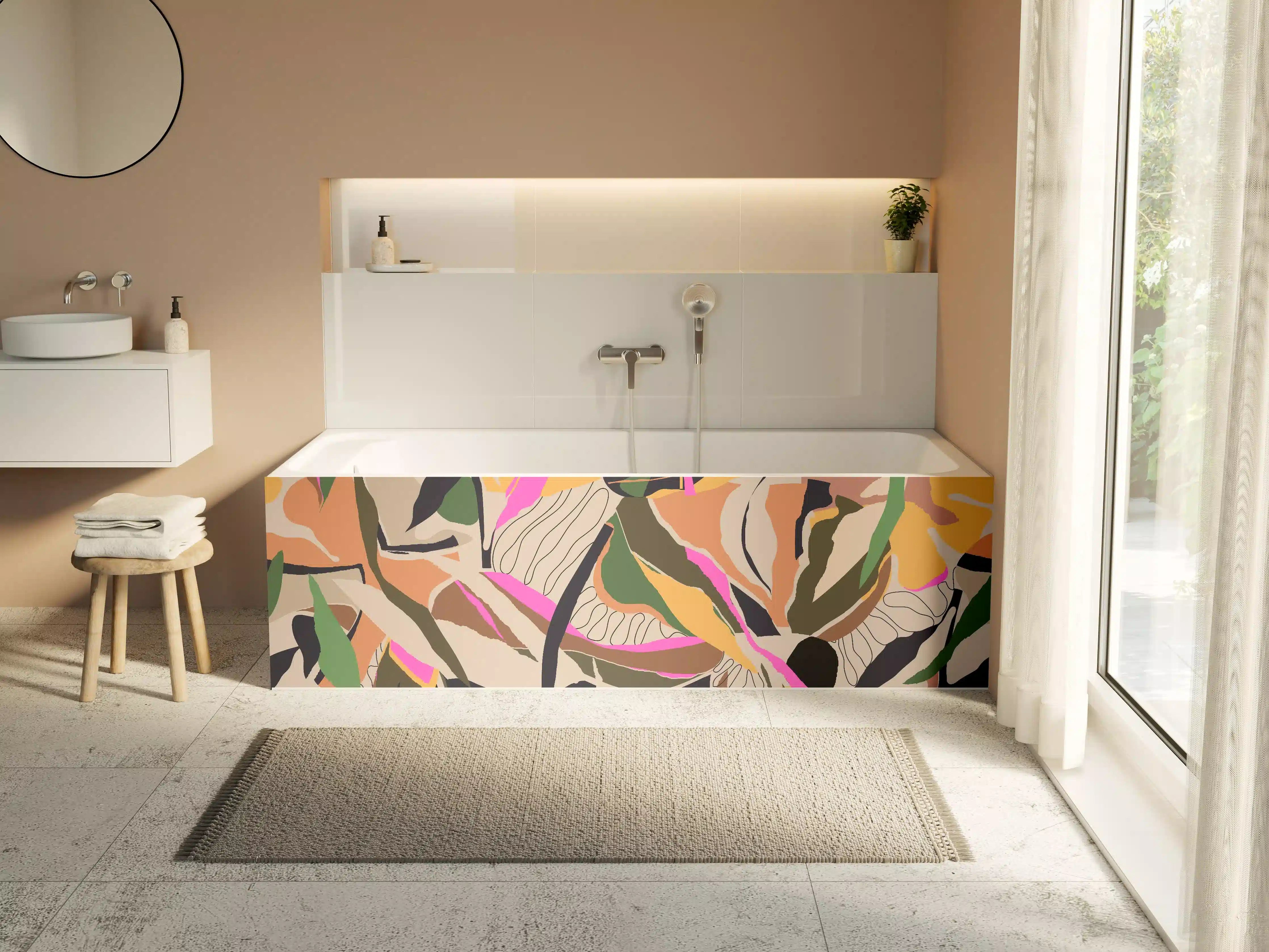 Badewannen-Rückwand - Tropisches Blattmuster Beige-Pink