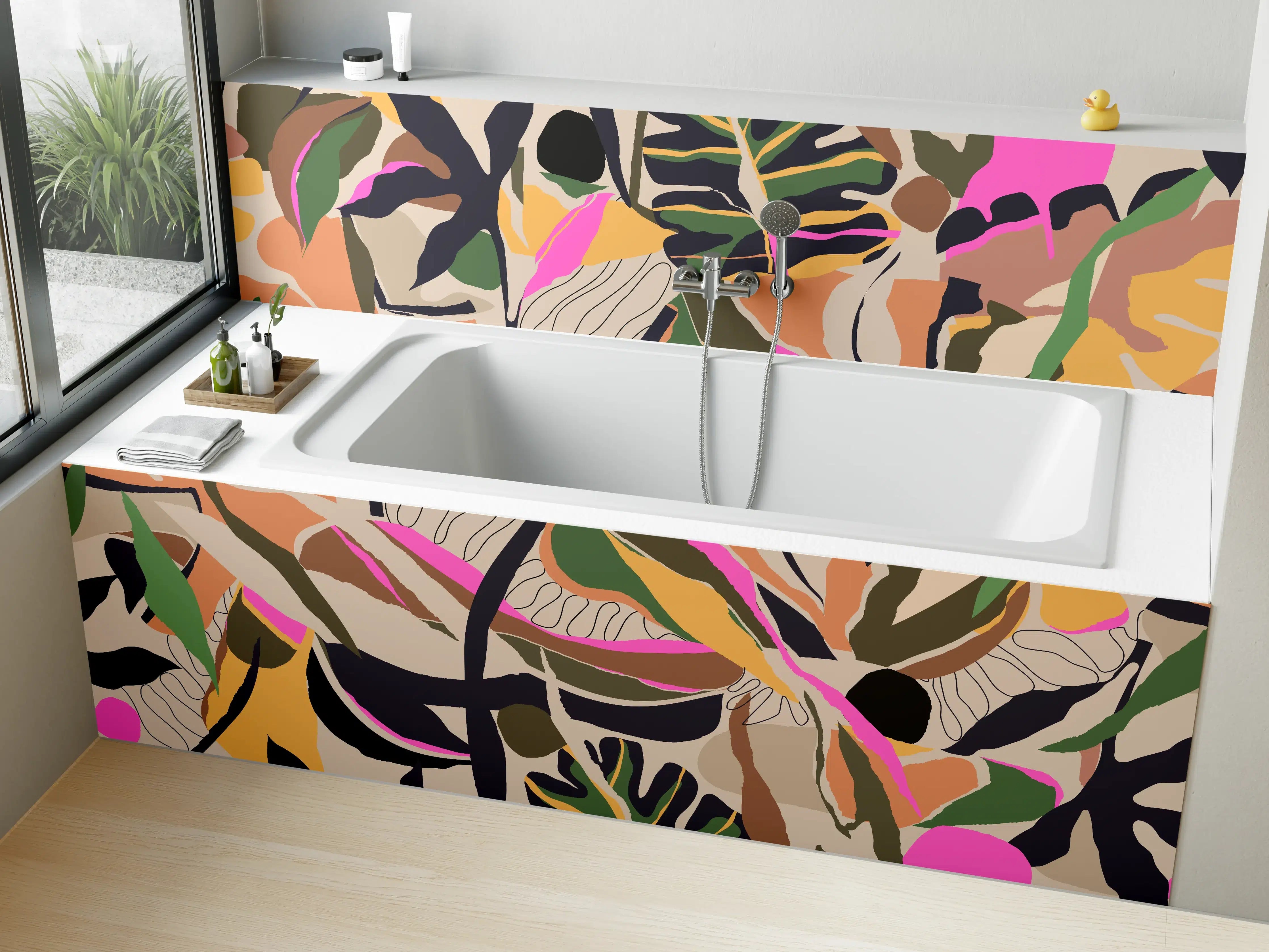 Badewannen-Rückwand - Tropisches Blattmuster Beige-Pink