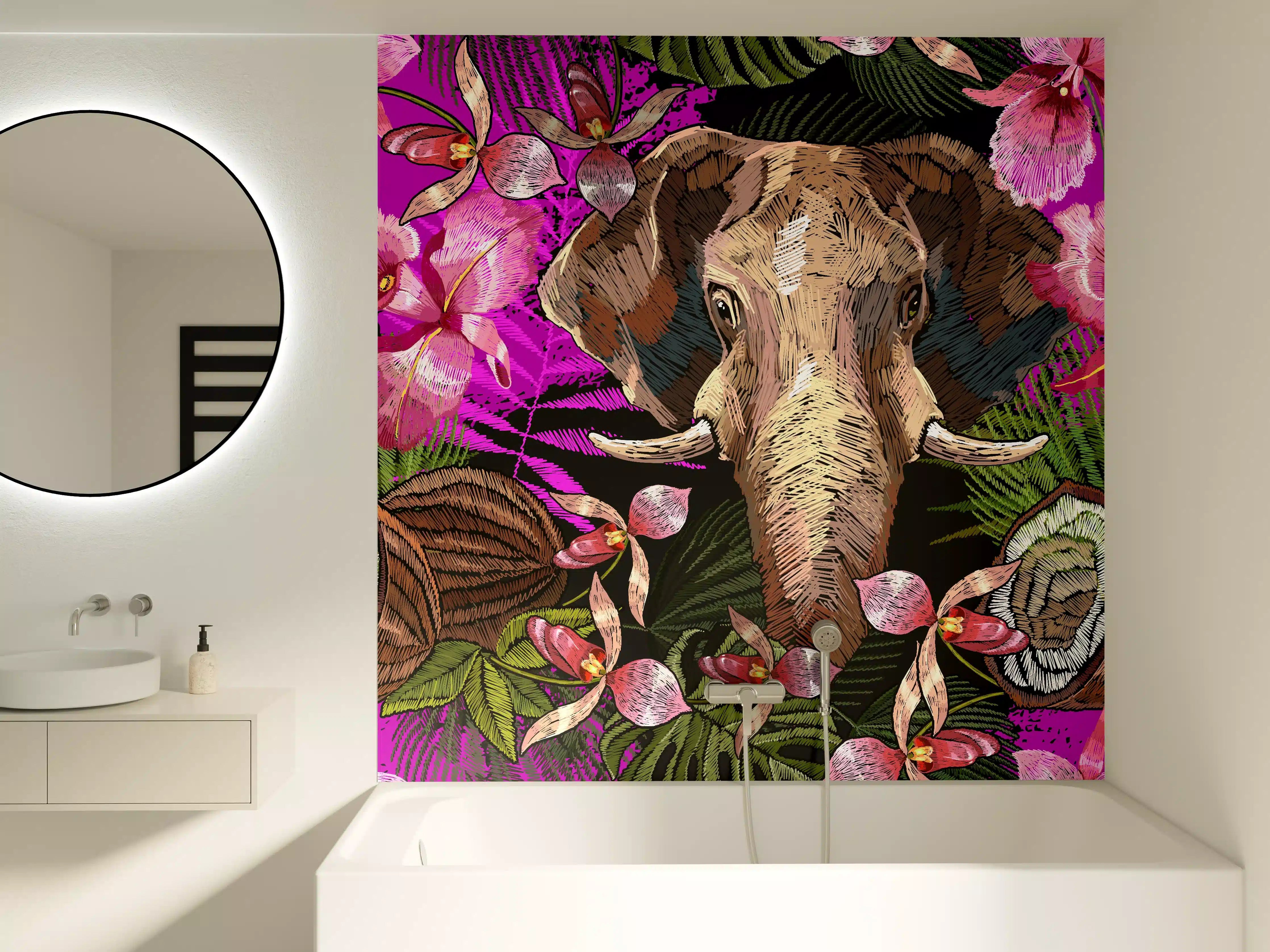 Badewannen-Rückwand - Tropisches Elefanten-Orchideen Muster