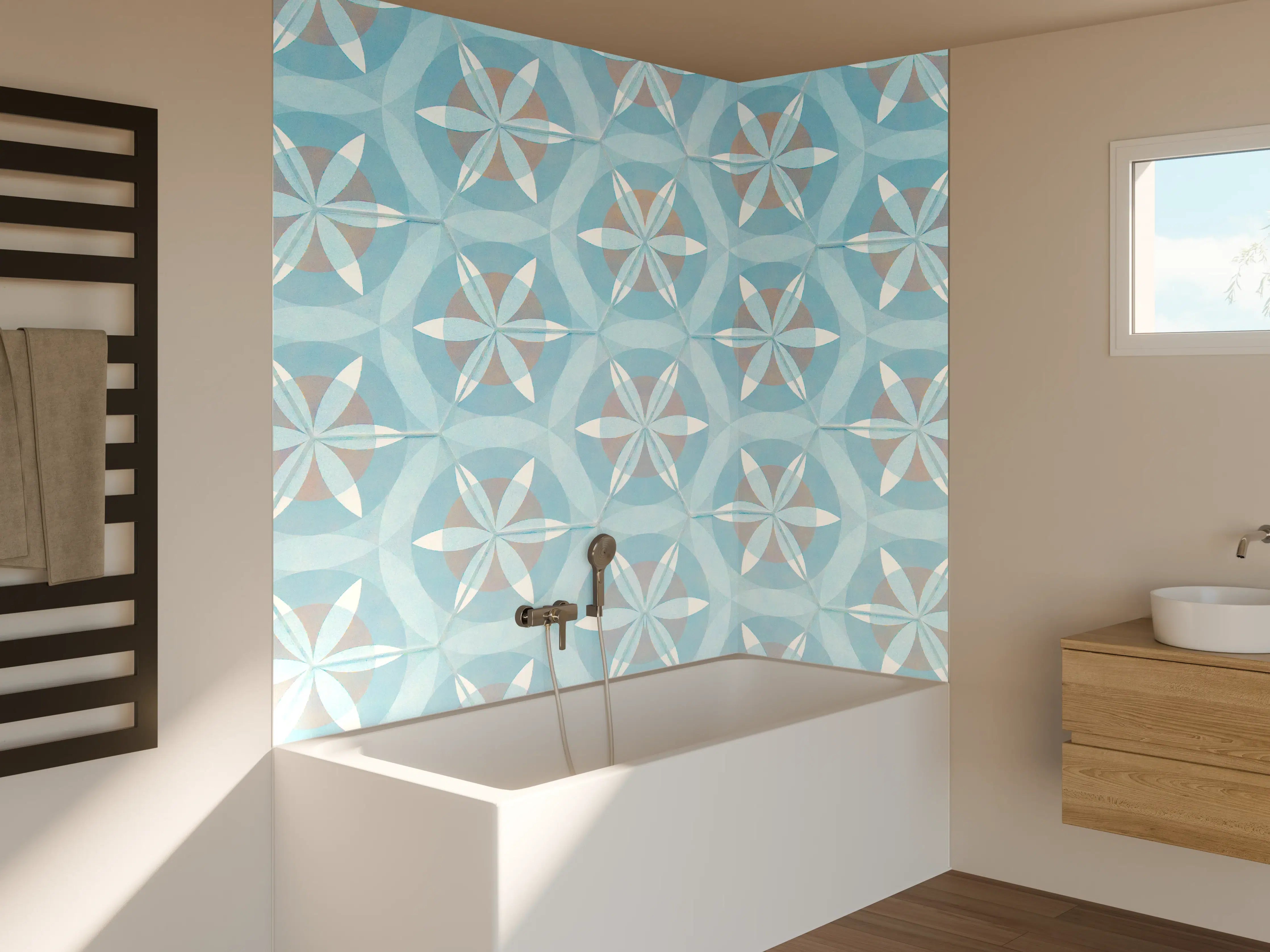 Badewannen-Rückwand - Türkis-Braun Vintage geometrisch Mosaik