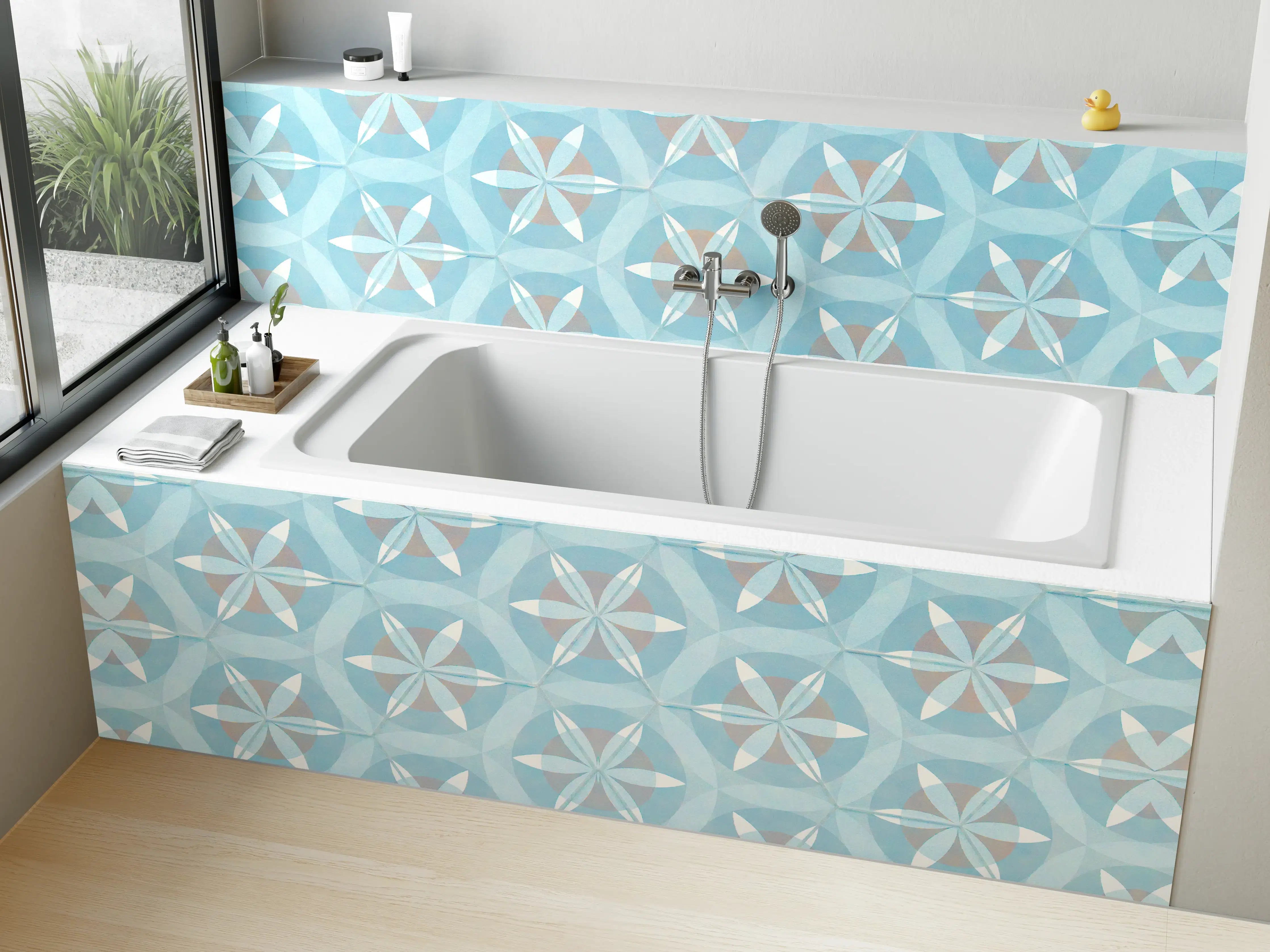 Badewannen-Rückwand - Türkis-Braun Vintage geometrisch Mosaik